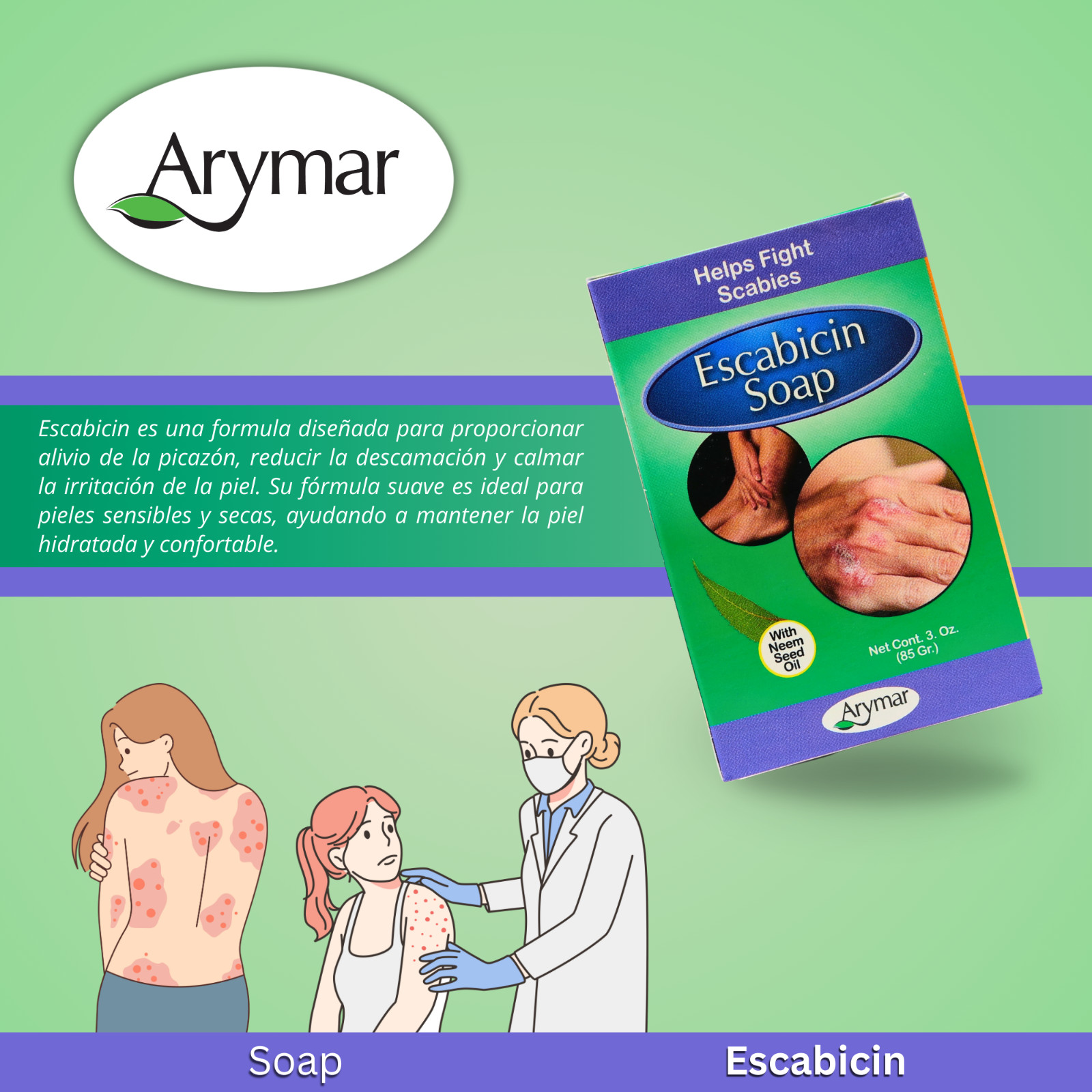 Arymar Escabicin Soap with Sulfur & Neem Oil for Scabies, 3 oz – Packs 1-25