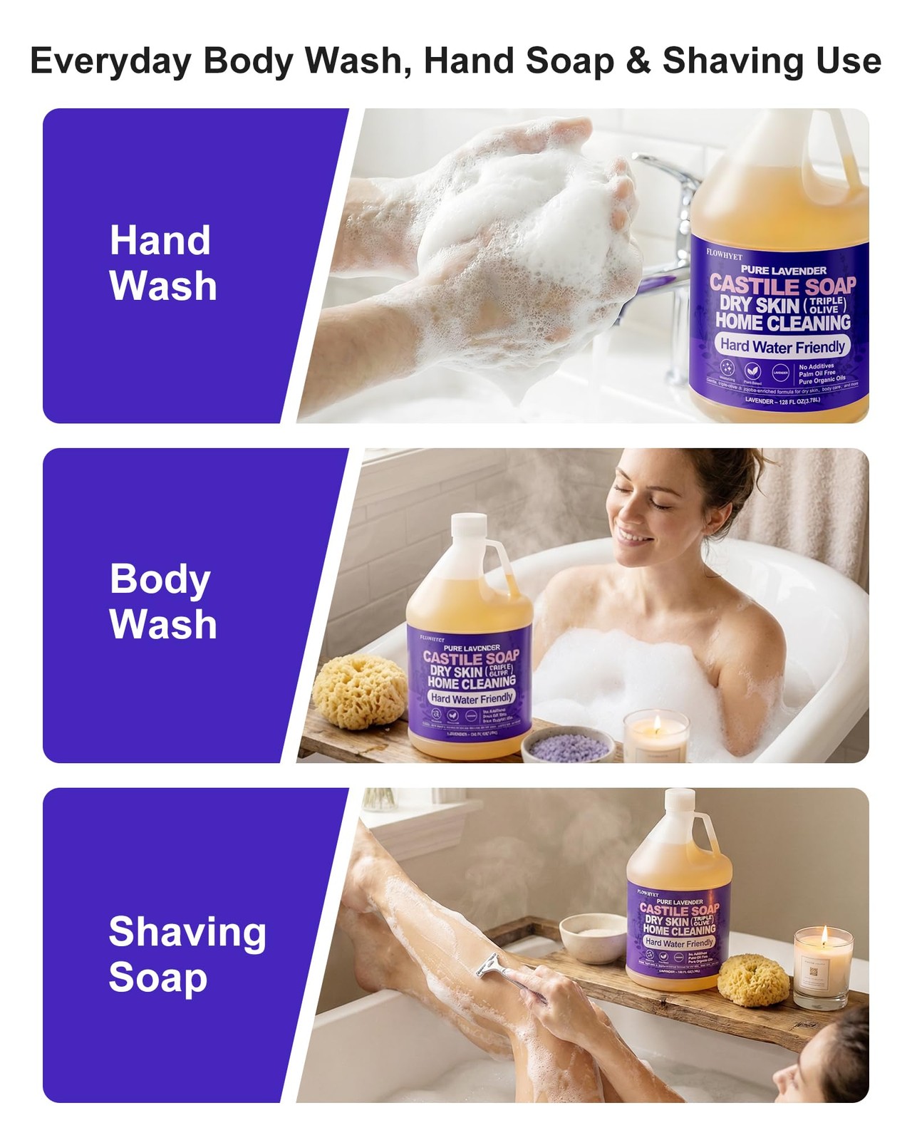 EWG Verified Pure Castile Soap Liquid Lavender 1 Gallon Dry Skin