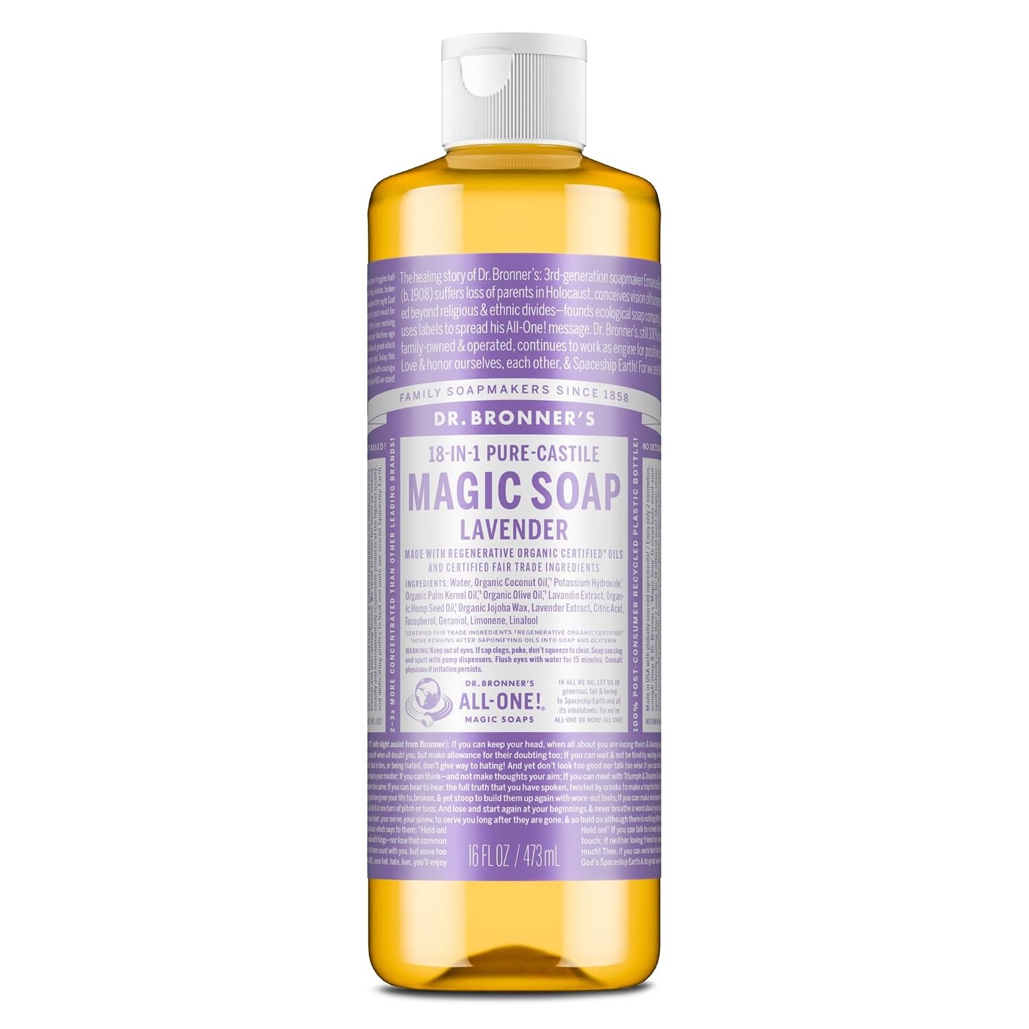 Pure-Castile Liquid Soap, Made with Organic Oils, 18-In-1 Uses: Face, Body, Hair