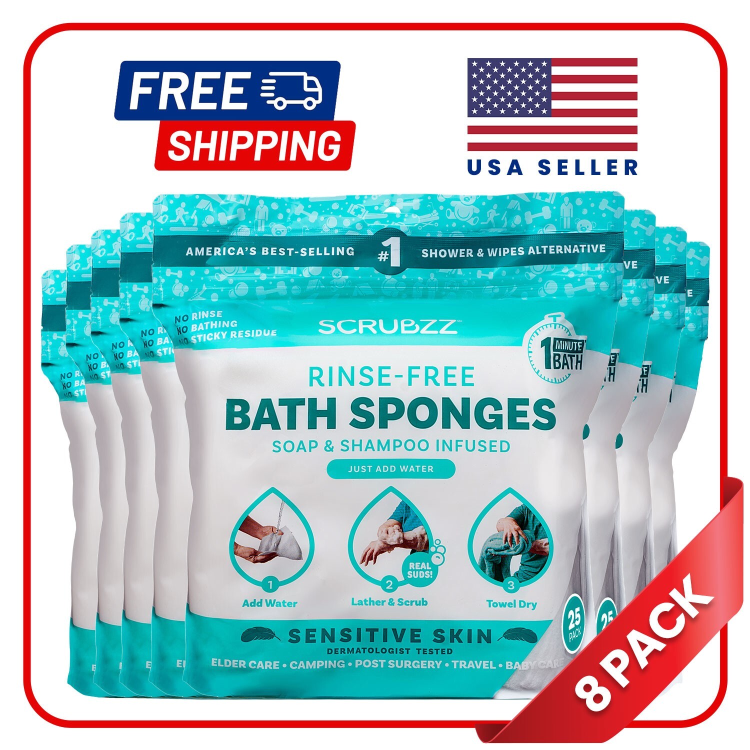 Scrubzz Disposable Rinse Free Bathing Sponges – Sensitive Skin, 200 Count