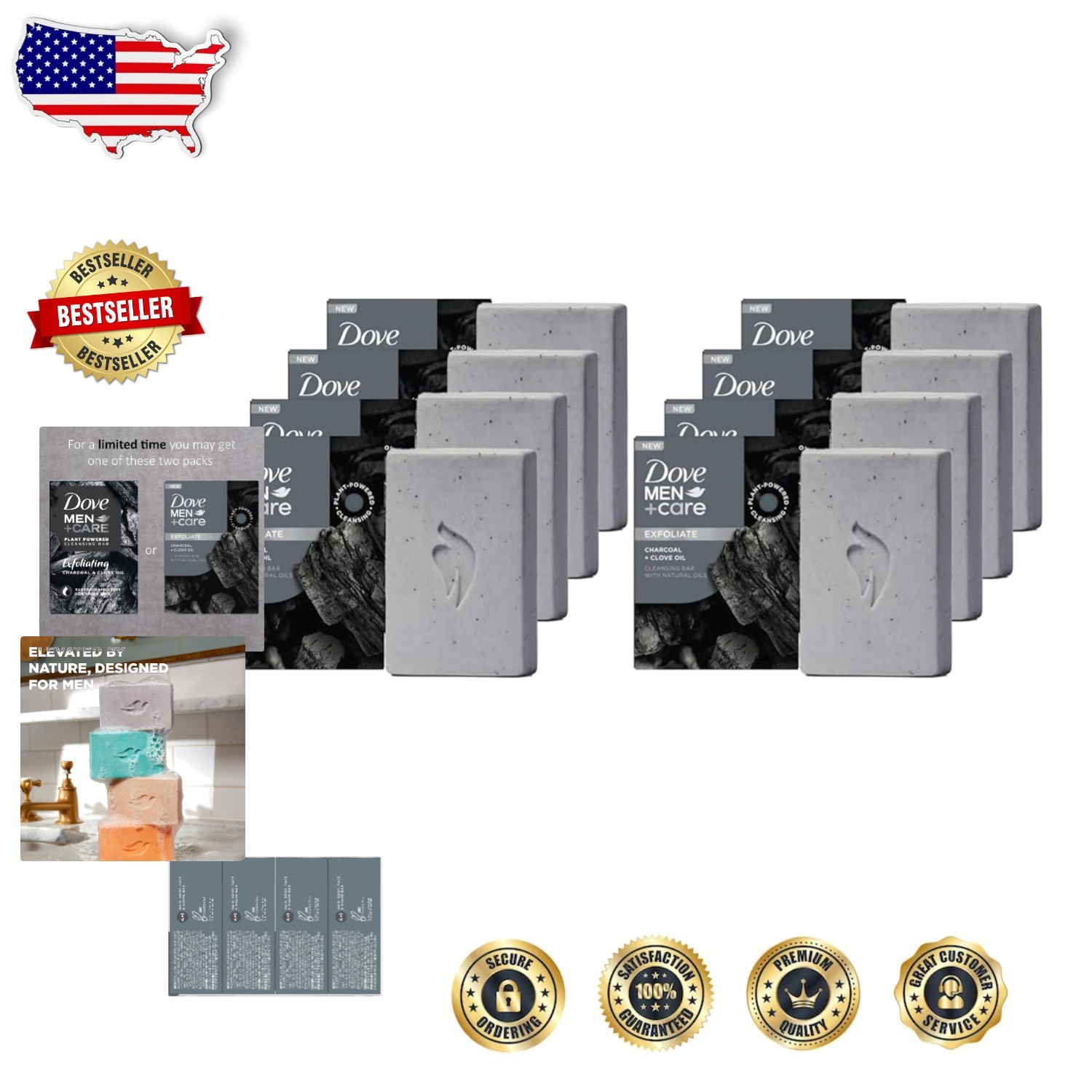 Dove Men Charcoal Clove 4in1 Bar Soap 8 Pack Hydrating Moisturizing