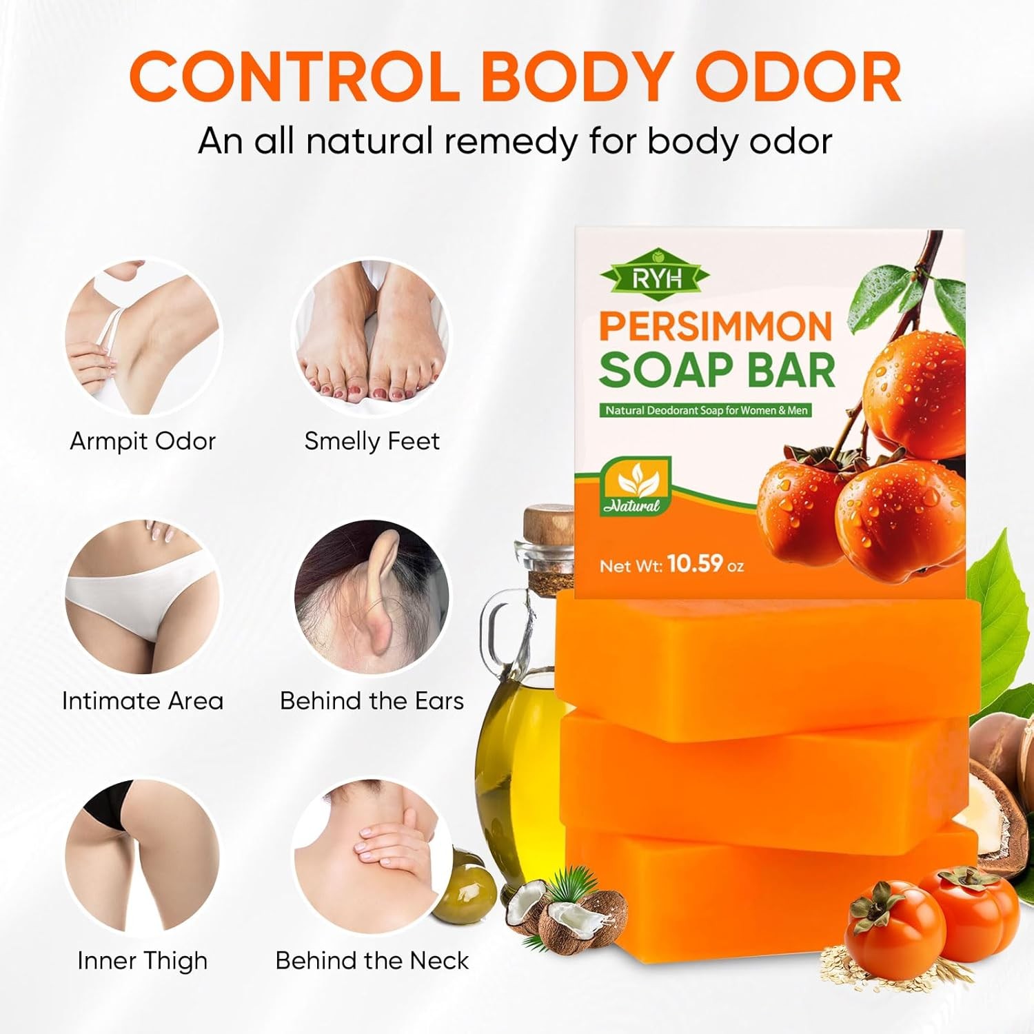 3 PCS Persimmon Soap Bar for Body Odor Control–Deodorizing & Eliminating Body Od