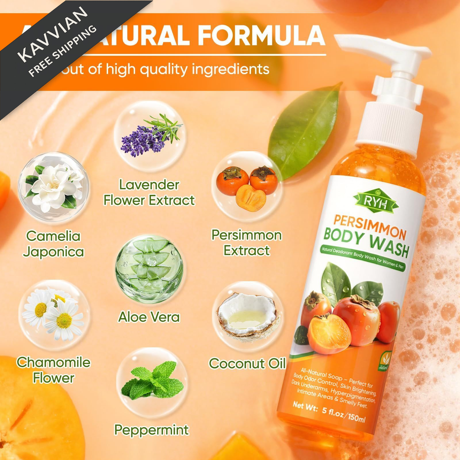 RYH Persimmon Body Wash for Odor Control – Natural 1 Count (Pack of 1)