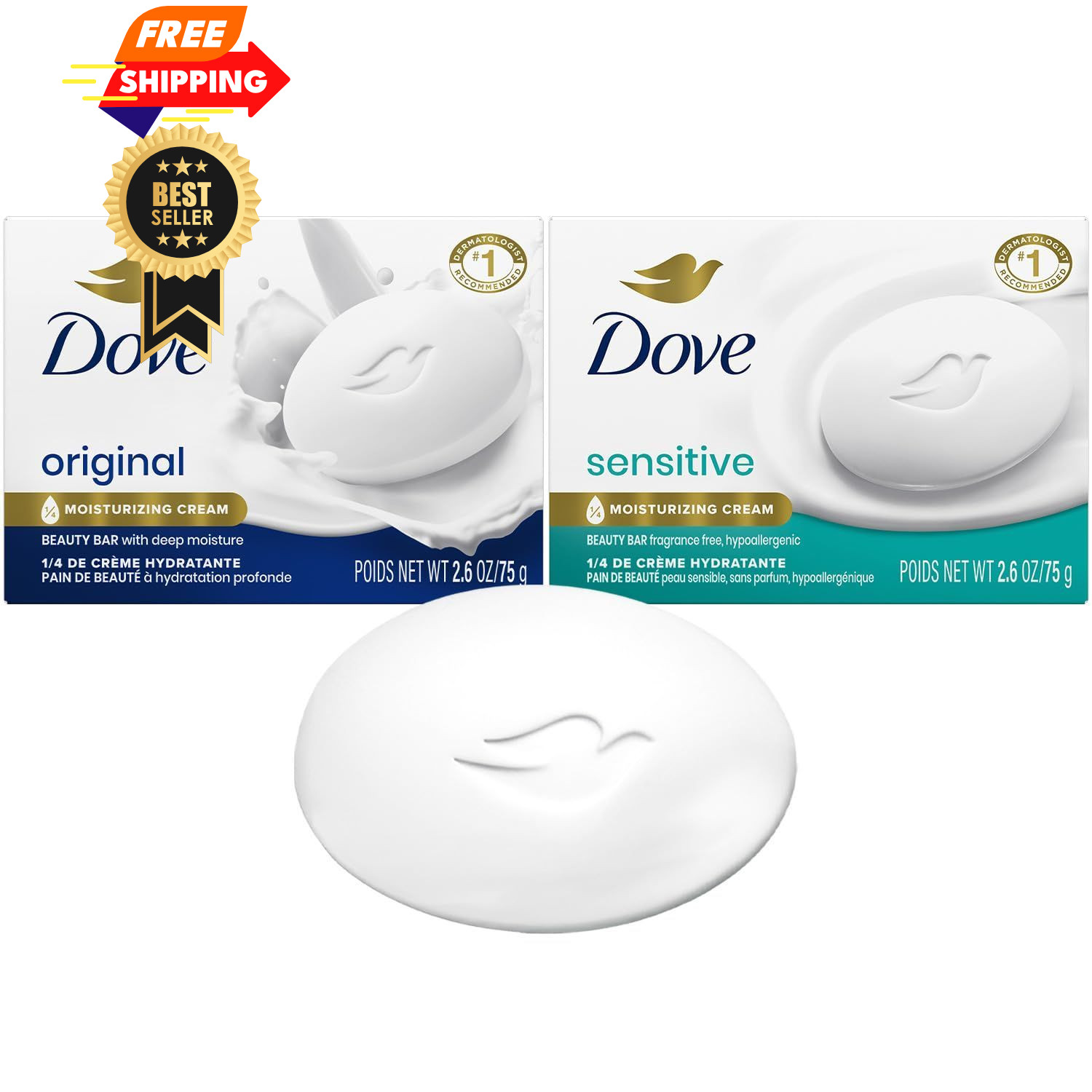 Dove Beauty Bar Sensitive & Original Variety 4.75 Ounce (Pack of 1),