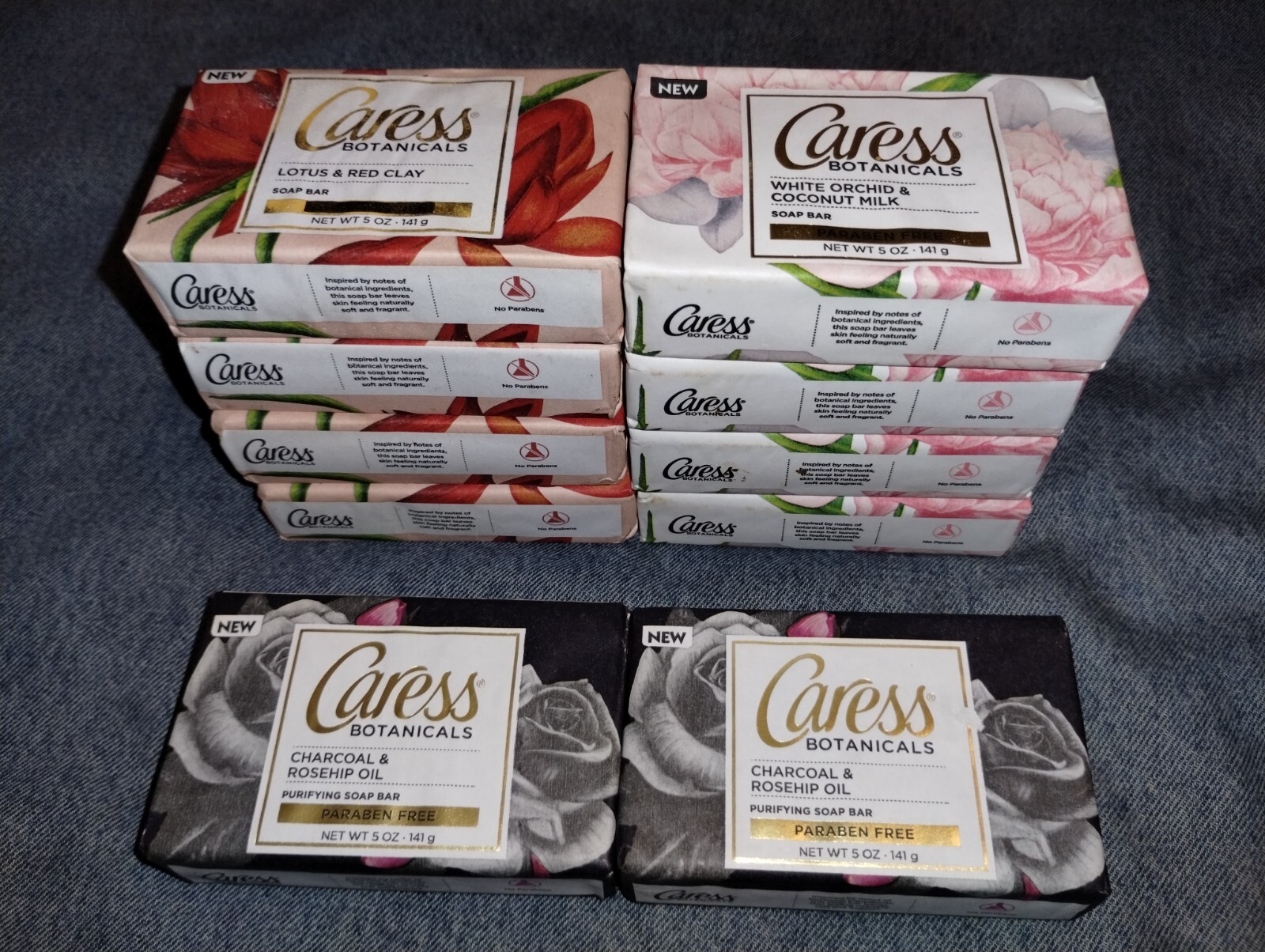 Caress Botanical Soap Bars Lotus Red Clay, Orchid Coconut Milk, Charcoal Rosehip