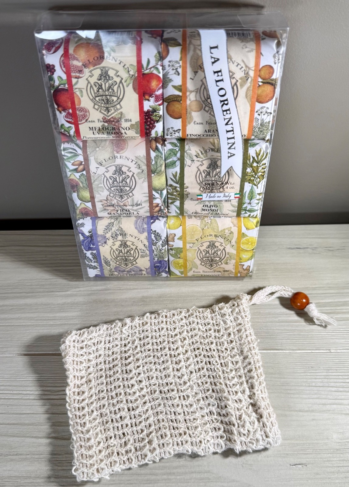 LA FLORENTINA: Individually Wrapped Assorted Soap 6×3.7oz Italy 22.4oz +Bar Bag
