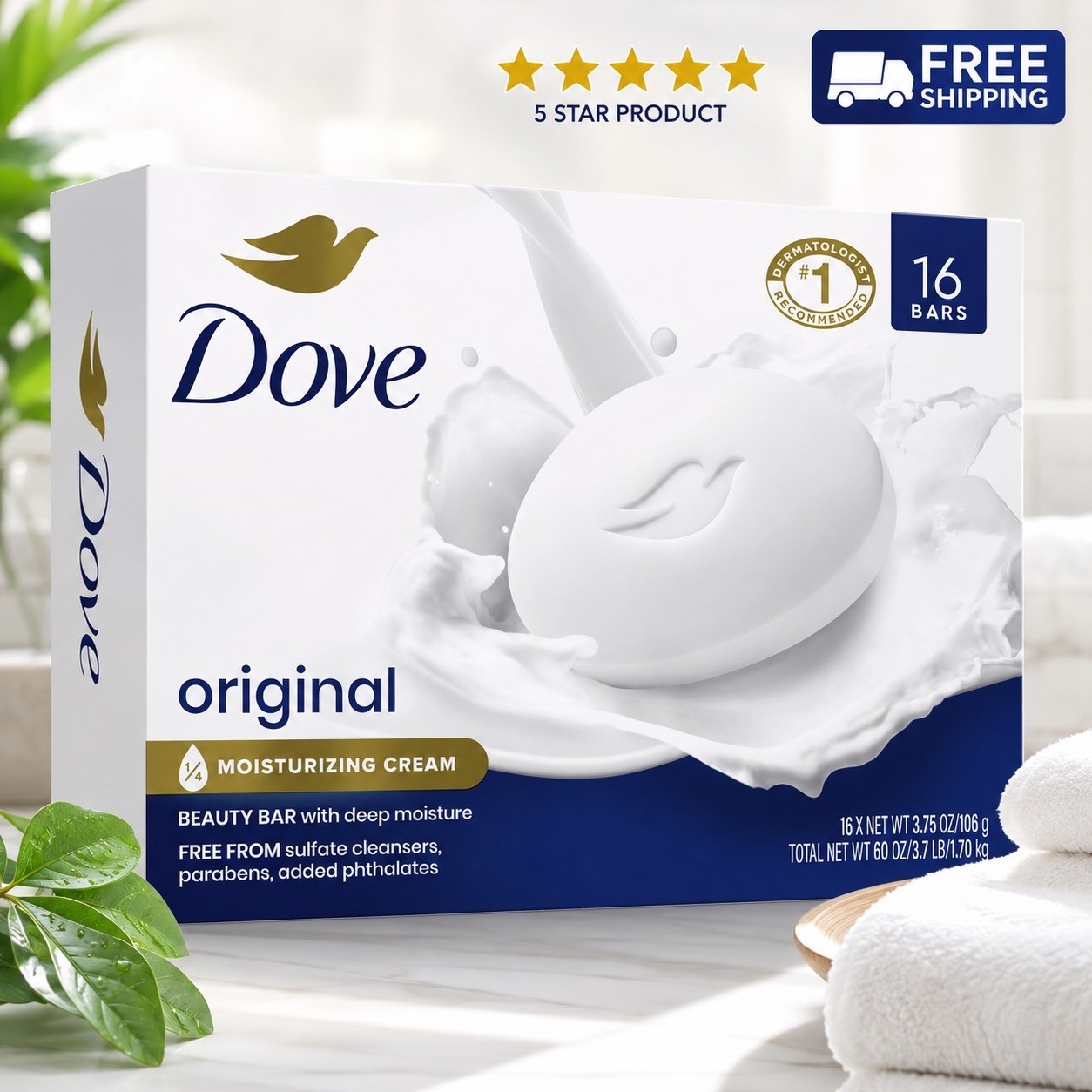 Dove Original Beauty Bar Soap 16 Count Moisturizing Cream 3.75 oz Sealed Pack