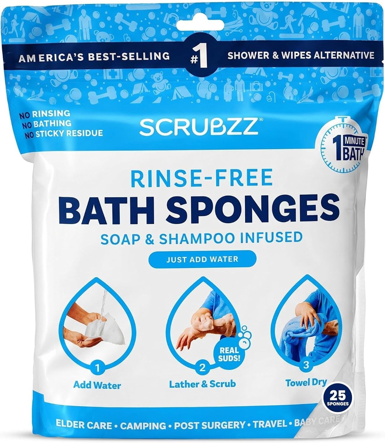 Disposable Rinse Bathing Wipes – 25 Pack – All-in-1 Single Use Shower Wipes,