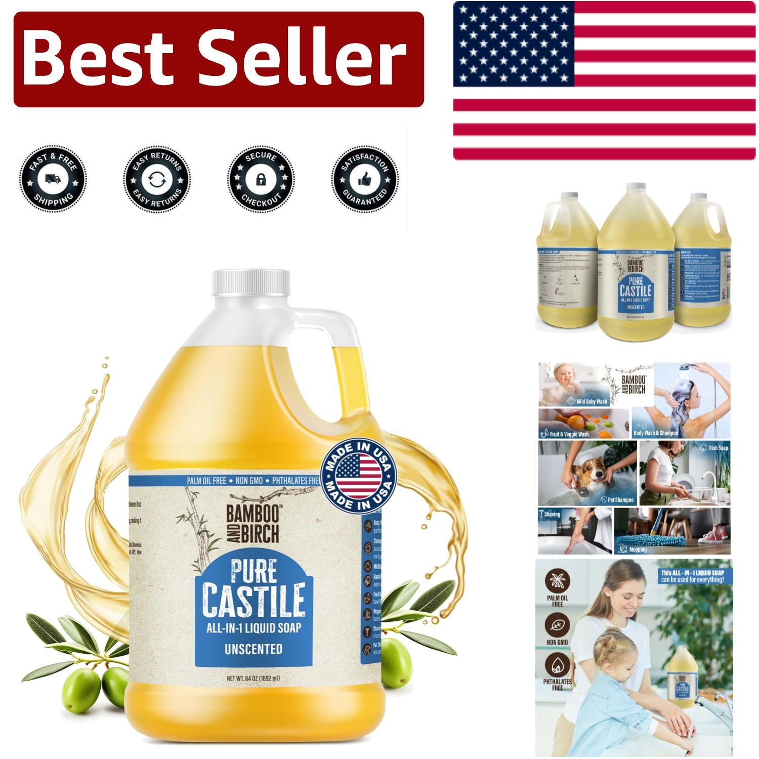 Multi-Purpose Unscented Castile Soap – 64 oz Pure Liquid Cleanser for All Ages