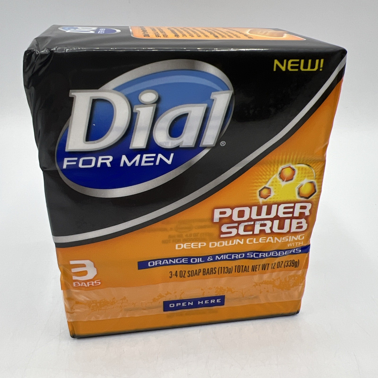 Dial Power Scrub Soap for Men Orange Oil Micro Scrubbers 3 Bars Deep Cleansing