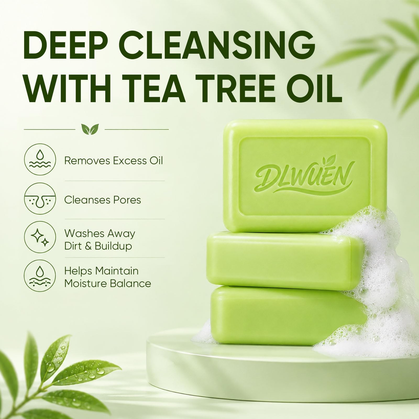 DLWUEN Antifungal Tea Tree Soap 3 Pack, 3.88 Ounce (Pack of 3), Green