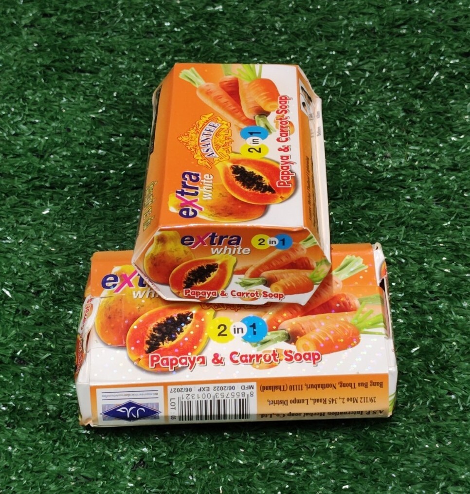 LOT OF 2 Asantee Papaya & Carrot Thailand Herbal Lightening 2 In 1 Soap Extra Wh
