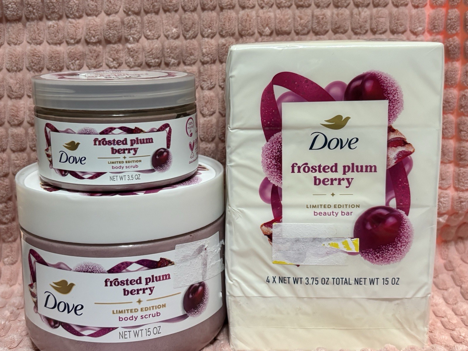 DOVE Limited Edition Frosted Plum Berry 4 Pk Bar Soap & 2 Body Scrubs