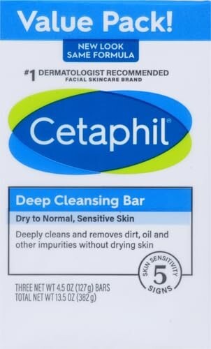 Cetaphil Deep Cleansing Face & Body Bar Soap, 3 Pack, Dry to Normal & Sensitive