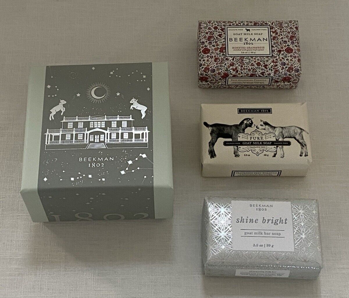 3 Beekman 1802 Goat Milk Soap 3.5oz Bars Bundle Gift Box Pure Honey Grape Shine
