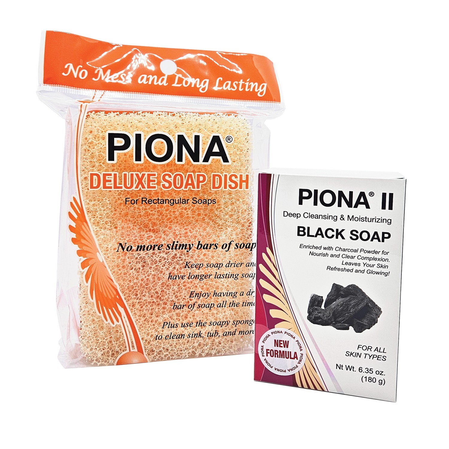 PIONA ll Deep Cleansing & Moisturizing Black Soap 6.35 Oz. and Deluxe Soap Dish