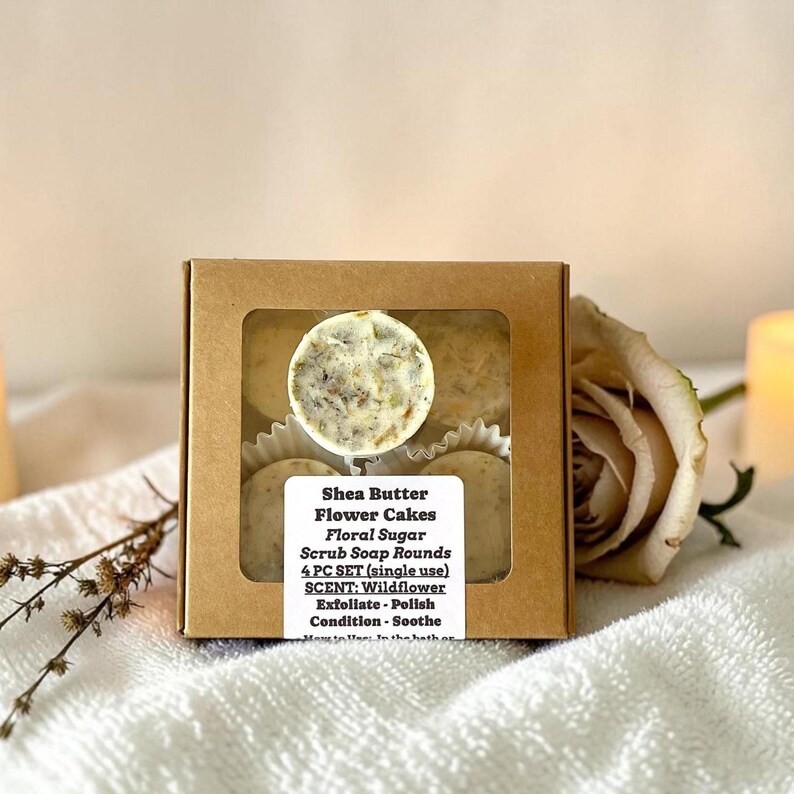 Shea Butter Botanical Sugar Scrub Rounds – 4pc Rose Lavender & Lotus Spa Gift