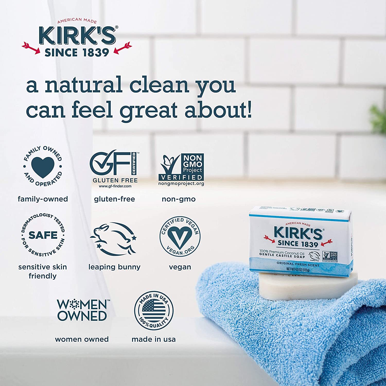 Kirk’s Vegan – Premium Coconut Oil Castile Soaps Original Fresh Scent- 12 Pack