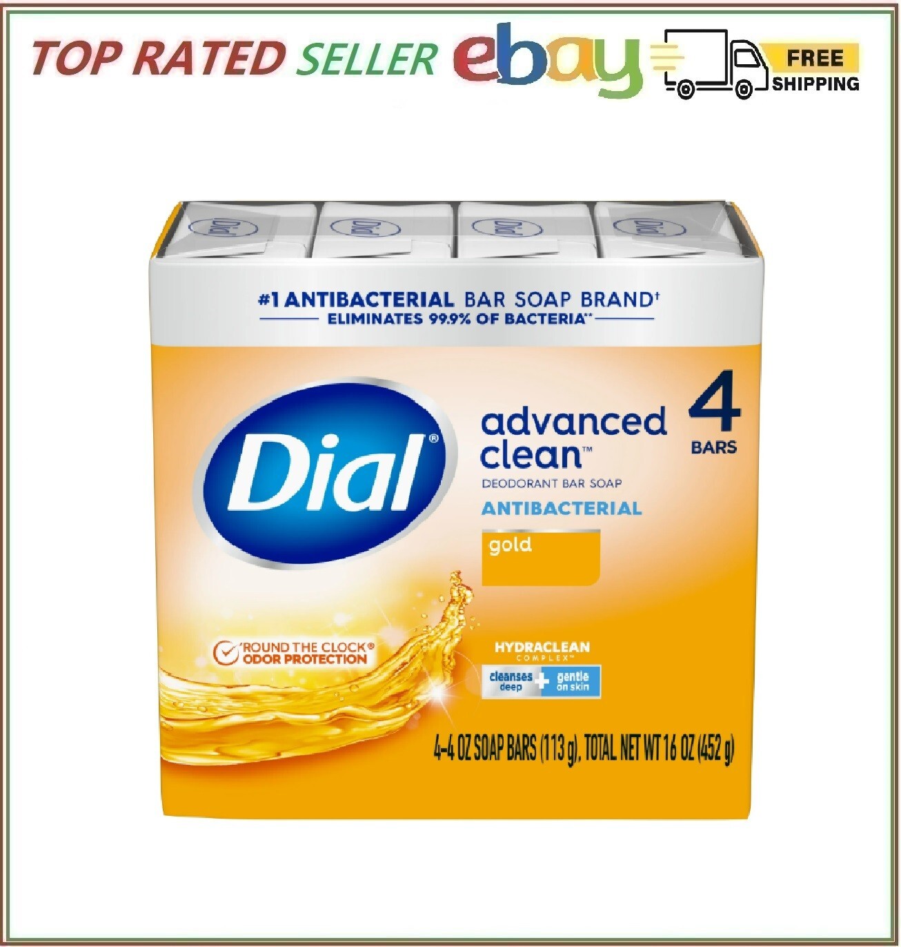 Dial Antibacterial Deodorant Bar Soap, Advanced Clean, Gold, 4 oz, 4 Bars