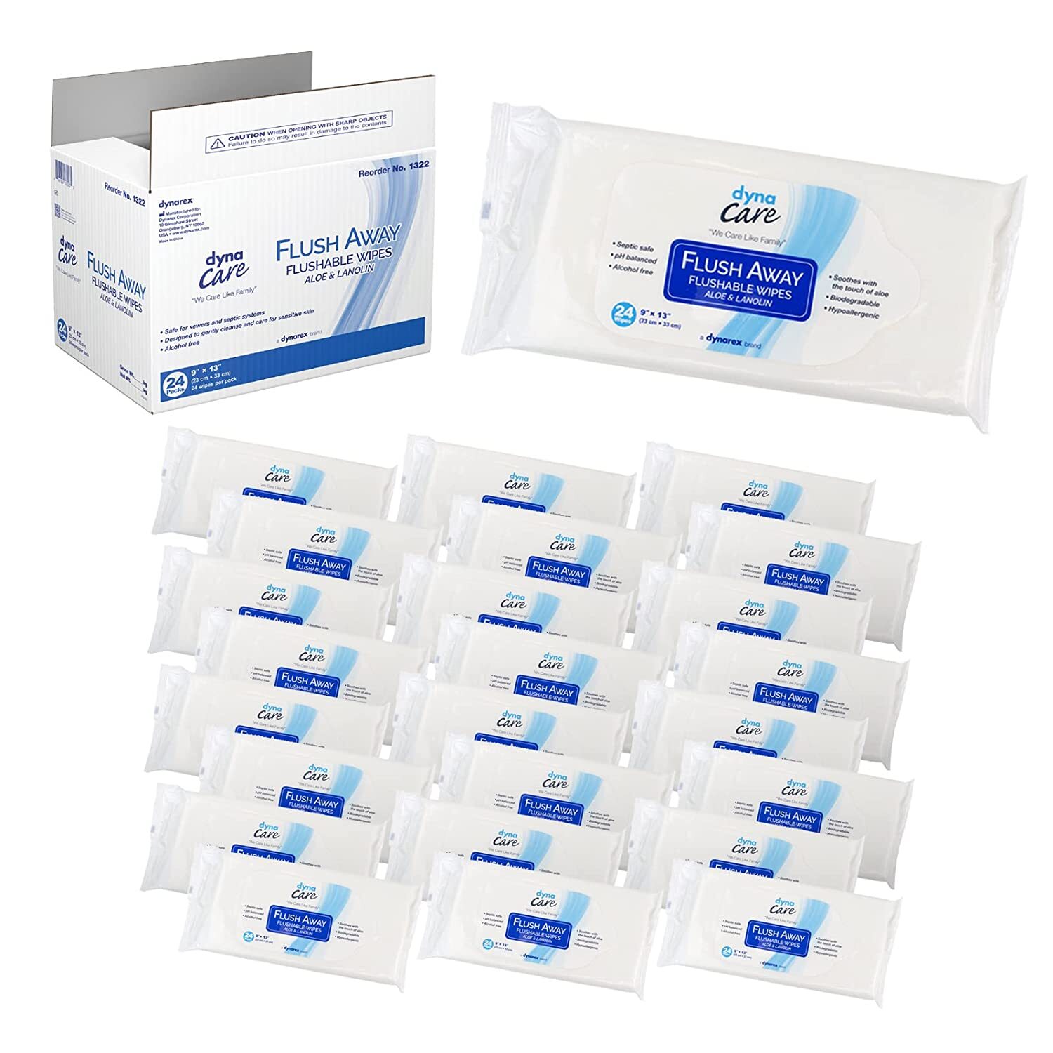 CASE Dynarex DynaCare Flushable Wipes Wet Bathroom Hygiene Adults EXTRA LARGE