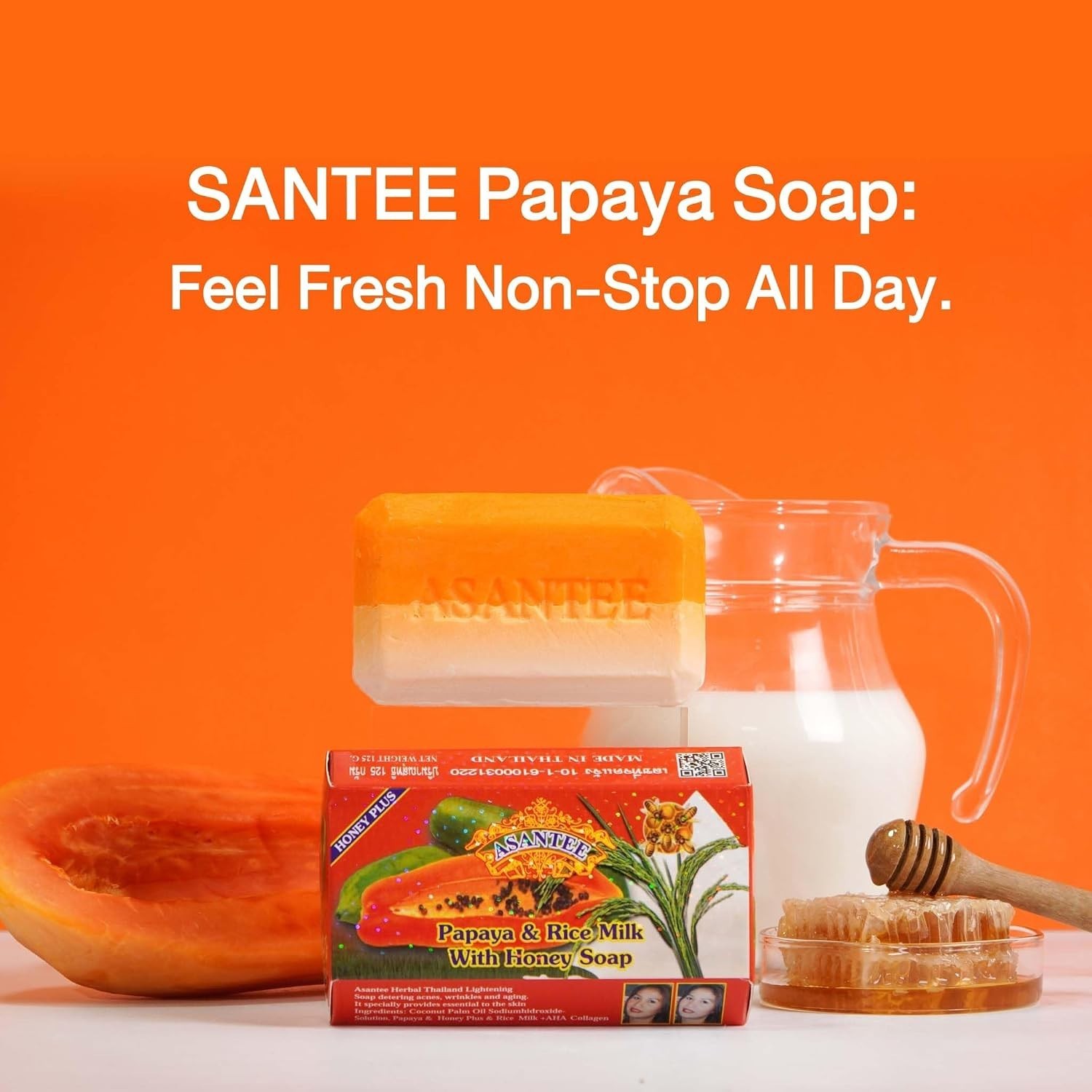 ASANTEE Papaya Rice Milk Honey Cleansing Soap Bar 6-Pack 125g AHA Vitamin A E