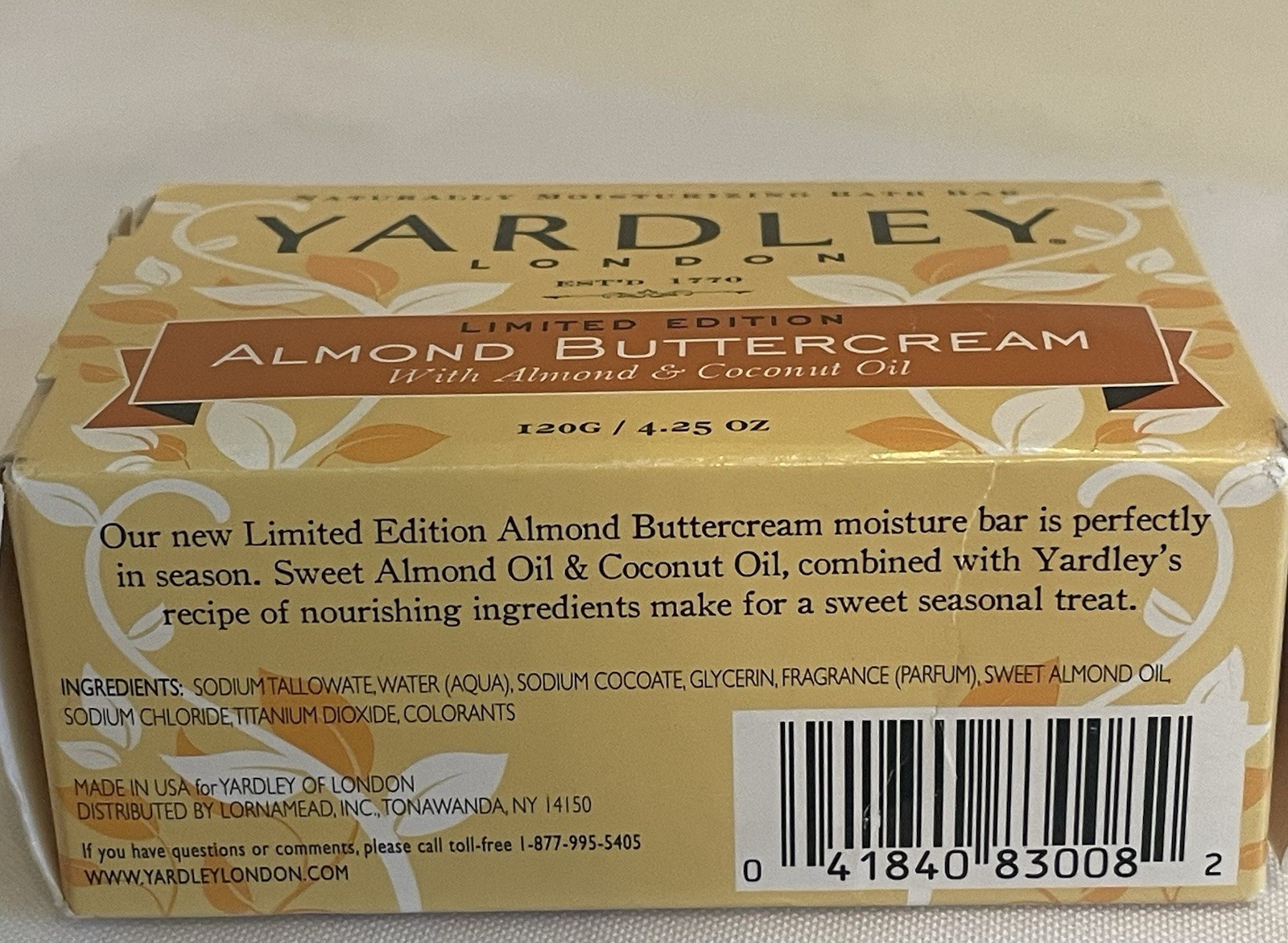 Yardley London Almond Buttercream Naturally Moisturizing Bath Bar 4.25 oz
