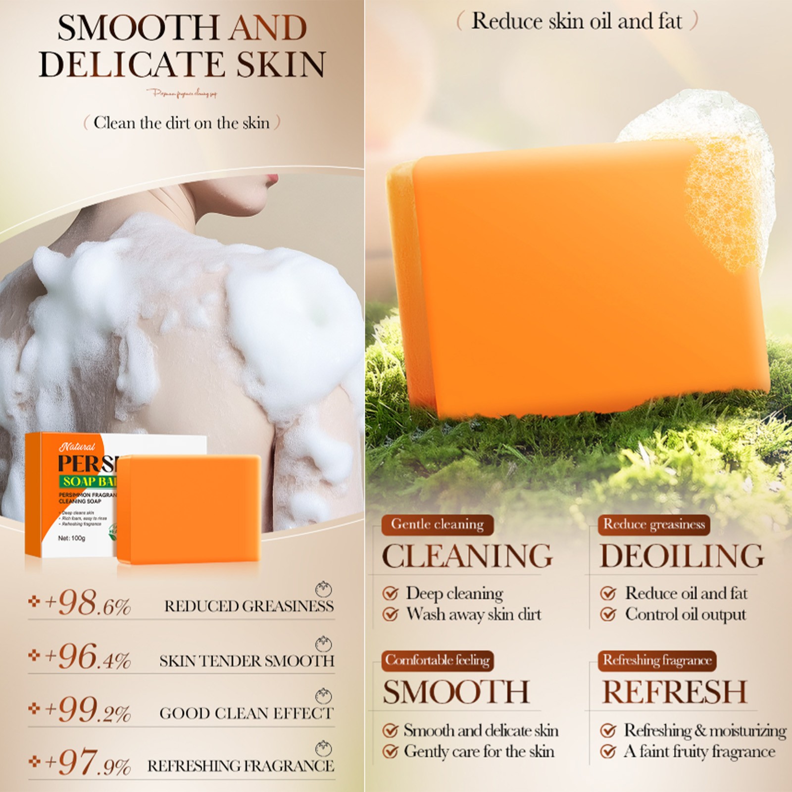 1Pcs 100g For Bathing Persimmon Soap Bar For All Skin Types With Foaming Net