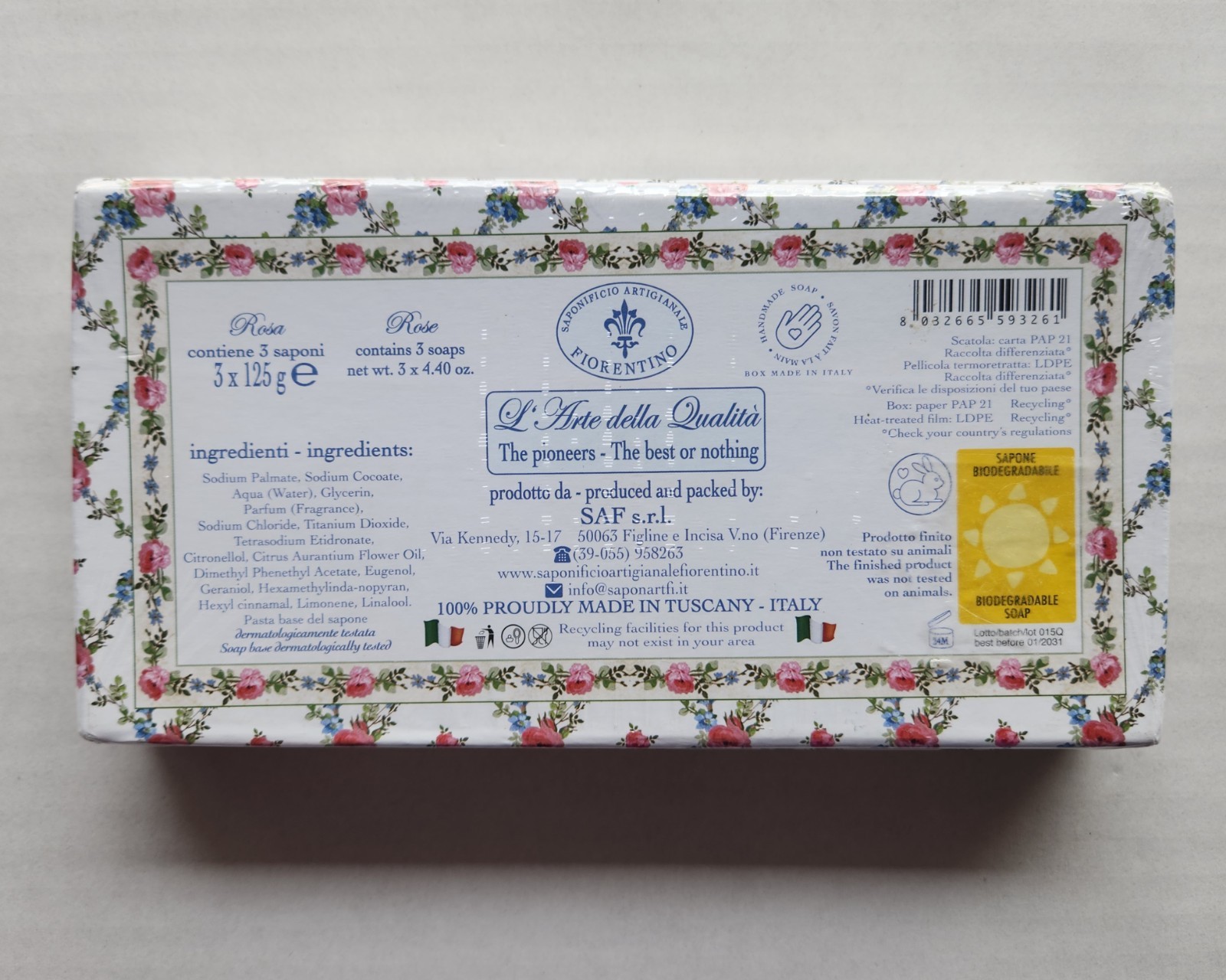 Saponificio Artigianale Fiorentino – Rose Garden Rose Scented Soaps -3 x 4.40 oz