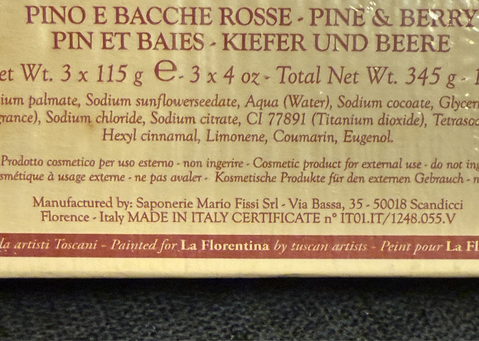 La Florentina Luxury Natural Pine & Berry Bar Soap Set -3x14oz Handmade In Italy