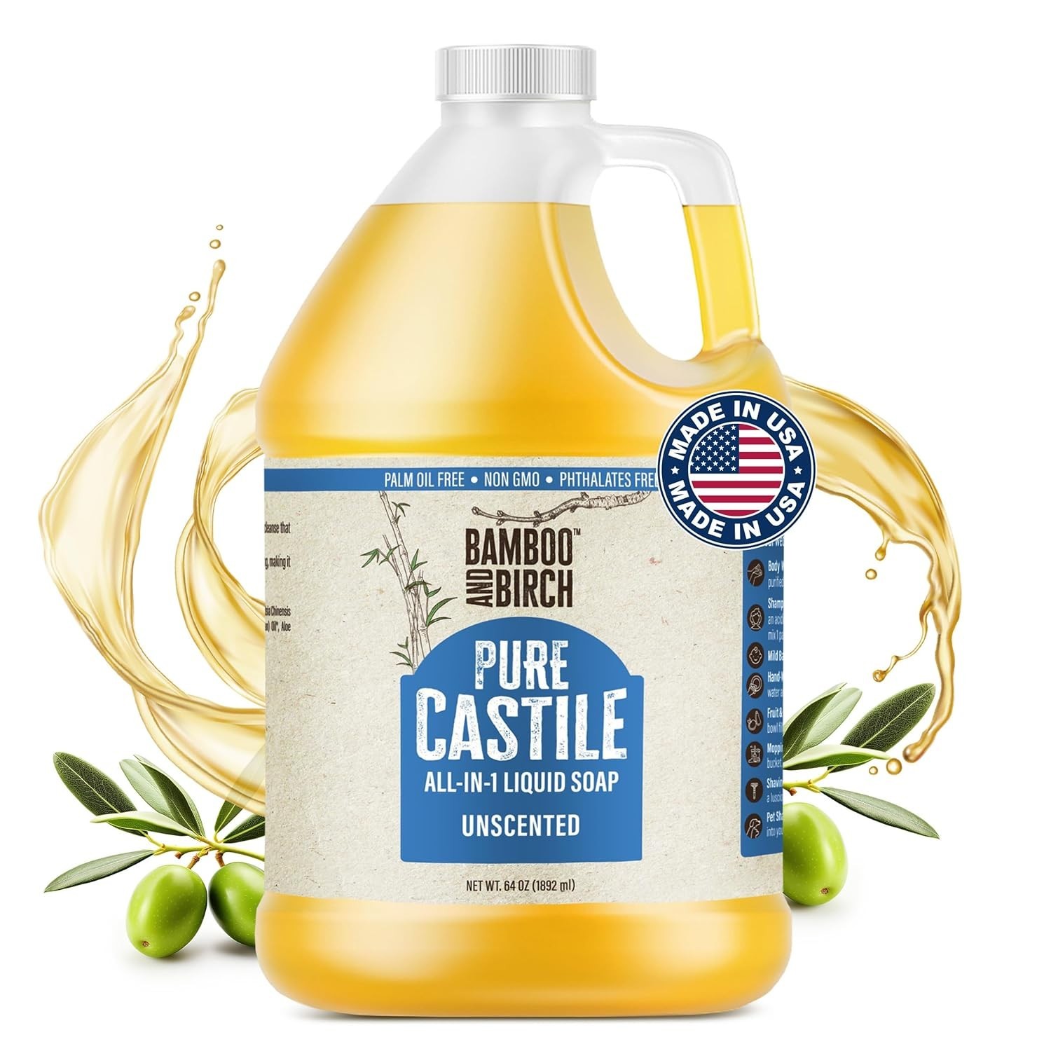 Multi-Purpose Unscented Castile Soap – 64 oz Pure Liquid Cleanser for All Ages