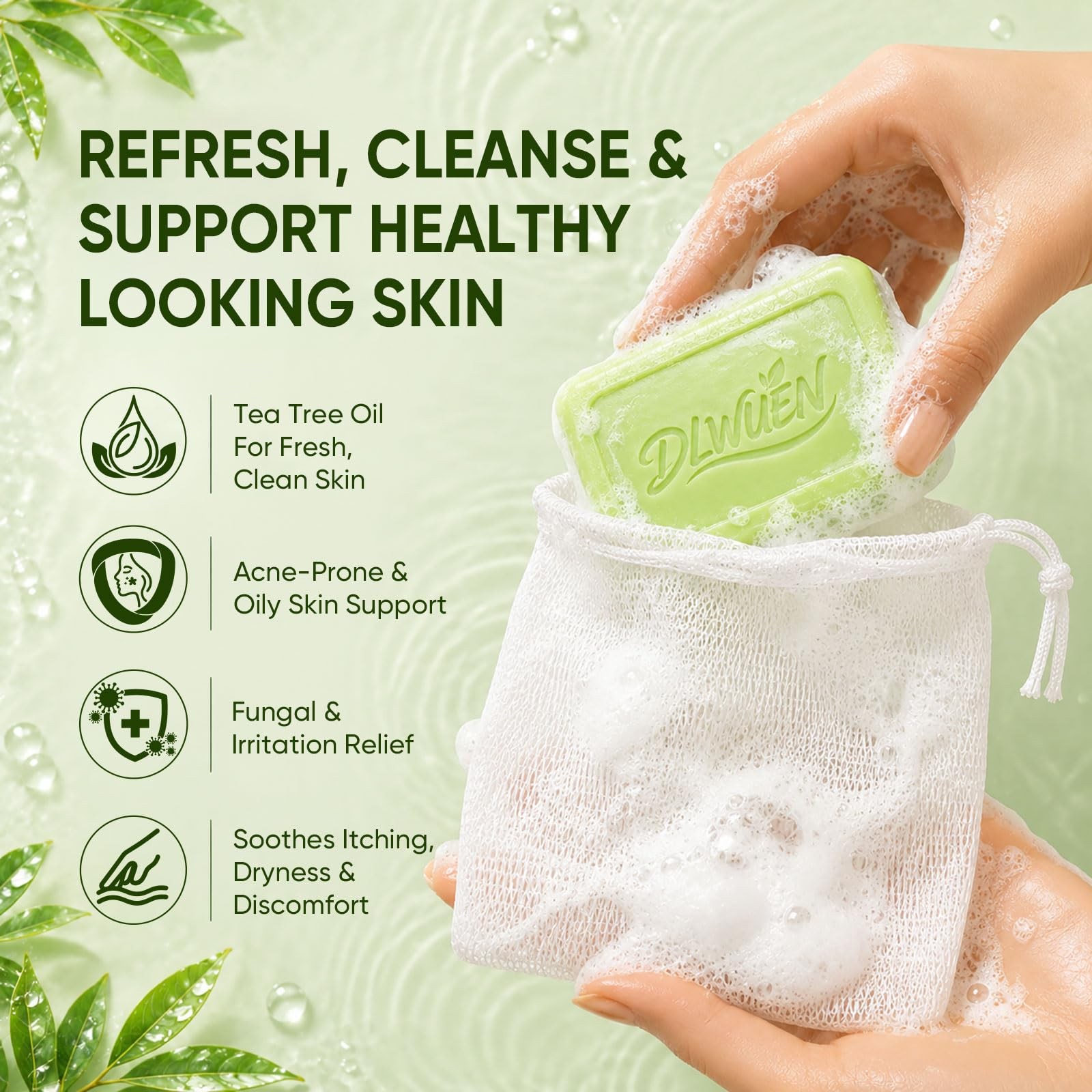 DLWUEN Antifungal Tea Tree Soap 3 Pack, 3.88 Ounce (Pack of 3), Green