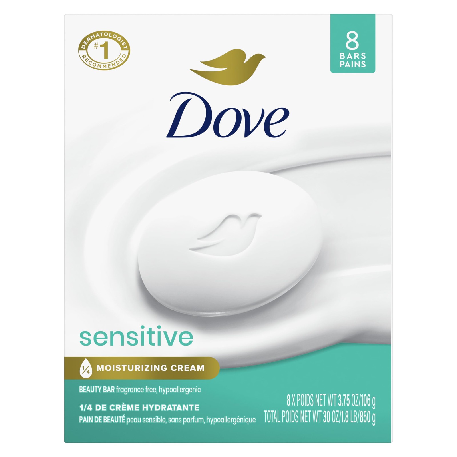 Dove Beauty Bar Soap Sensitive, 8 Bars for 3.75 Ounce (Pack of 8), White