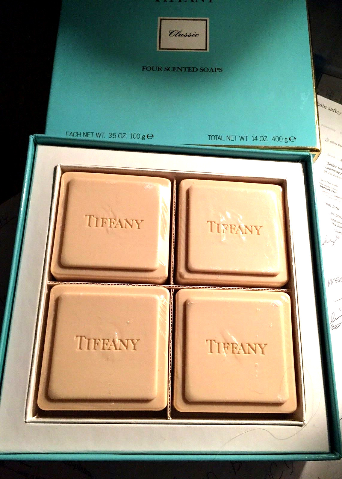 TIFFANY&CO PERFUME SCENTED 4 SOAPS ORIG BOX 3.5OZ 100gm/14oz 400gm SEALED MINT