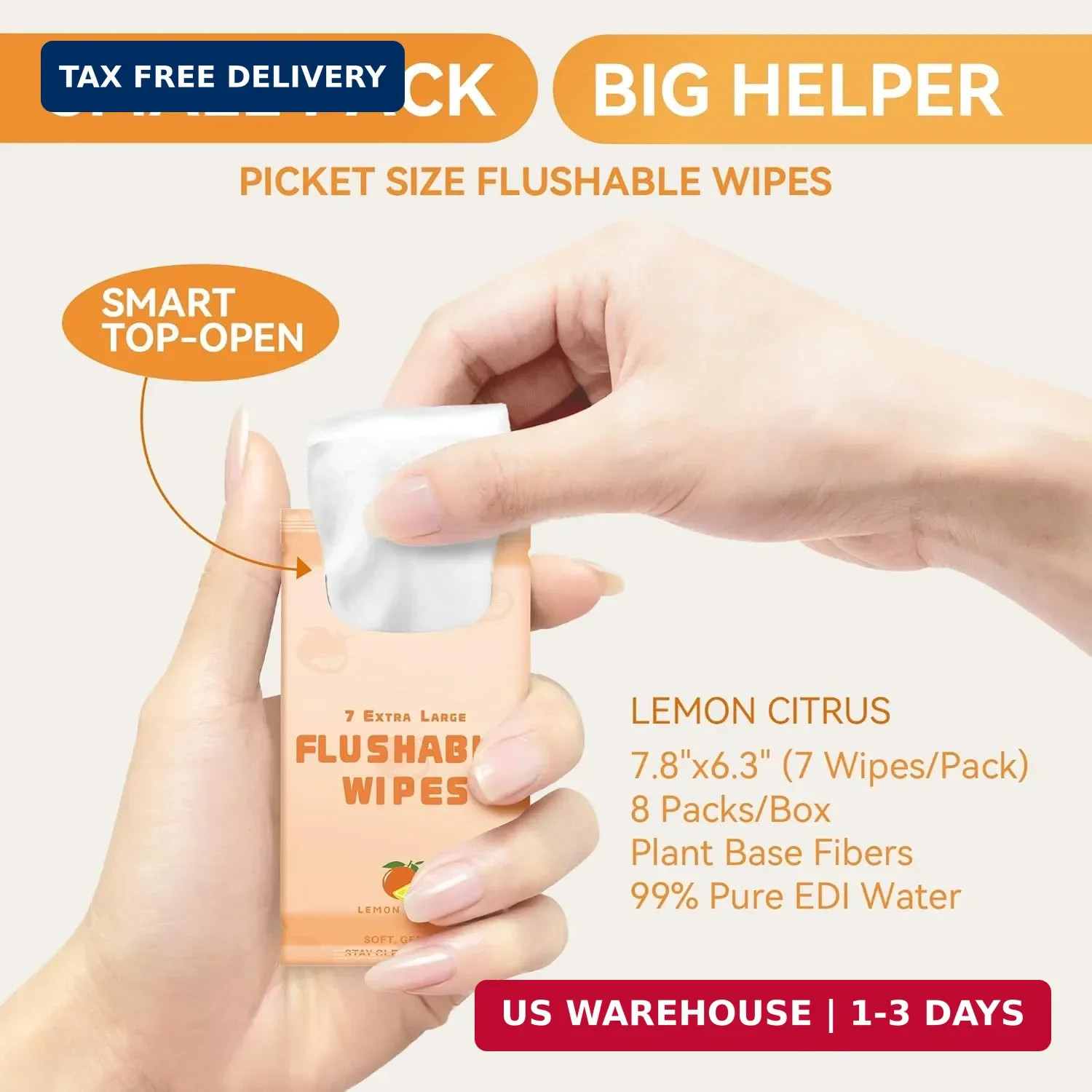 WONDERFUL Travel Flushable Wipes, 8 Mini Packs, Lemon Citrus Plant-Based Wet Wip