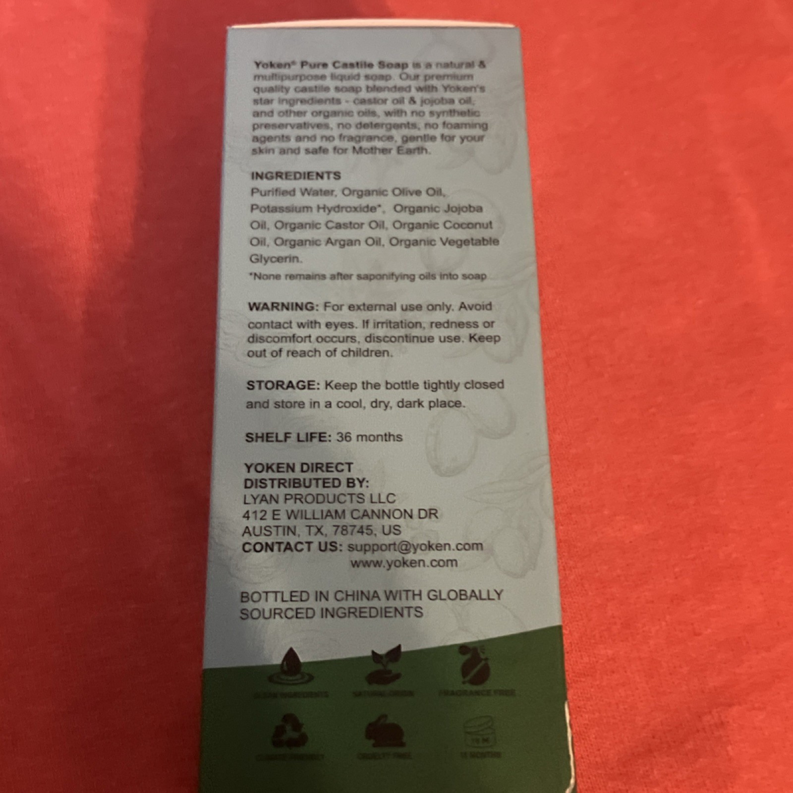 Yoken Pure Castile Soap Organic Vegan Fragrance-Free 8 fl oz for Face Body Hands
