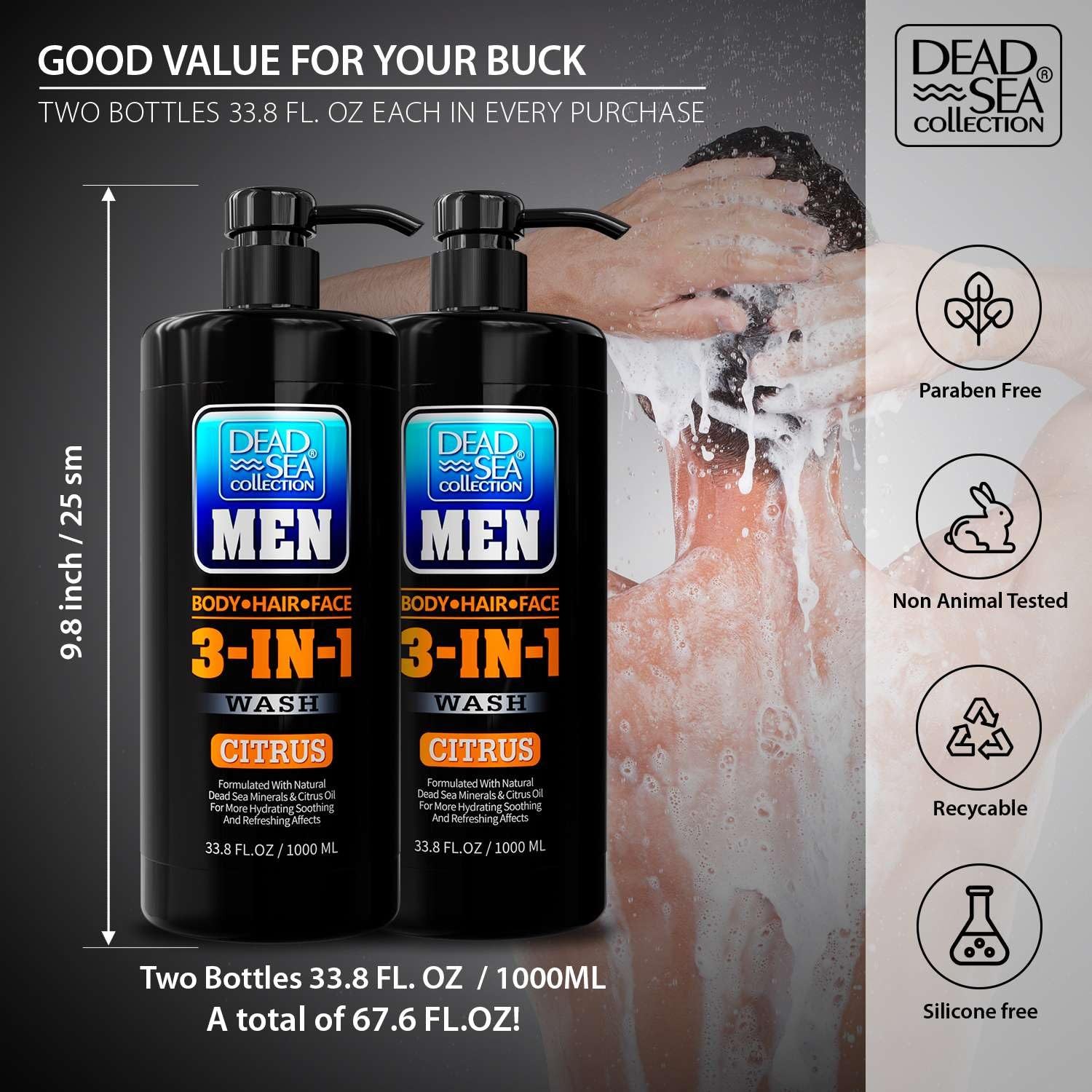 Dead Sea Collection Mens Body Wash 3 in 1 – 33.8 Fl Oz (Pack of 2), Citrus