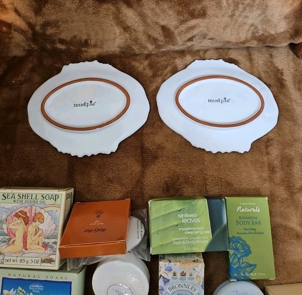 Luxury Soaps & 2 Mud Pie Soap Dish Lot Of 25 Soaps NEW