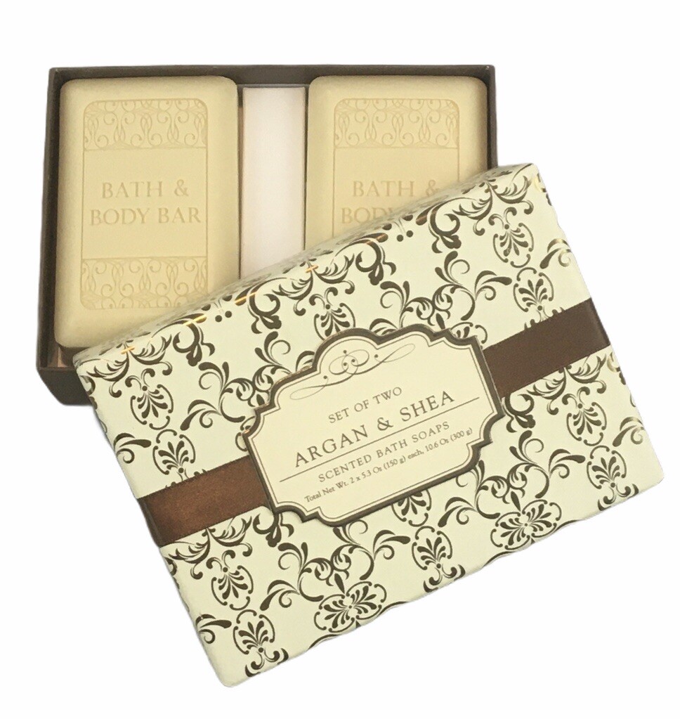 Set of 2 Argan & Shea Scented Bath Soaps 10.6 oz New In Box