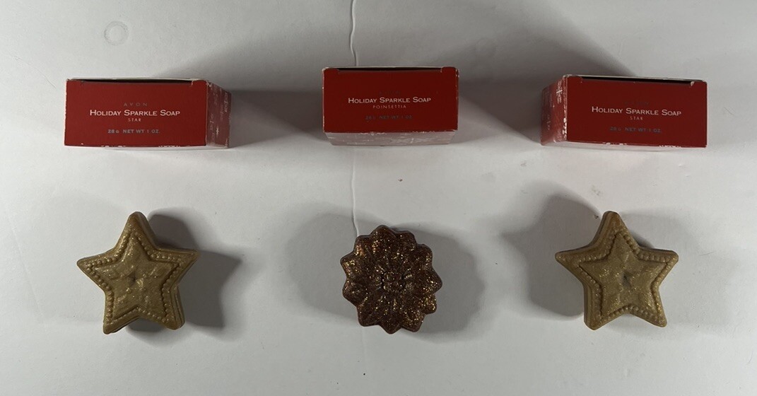 Lot 3 AVON Holiday Sparkle Soap Bars 2 Star & 1 Poinsettia