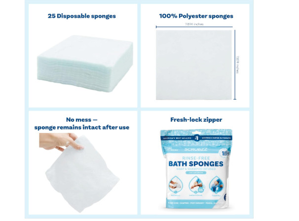 Scrubzz No Rinse Bathing 25 Ct. Wipes Bath Sponges -All-in-1 Single Use Shower