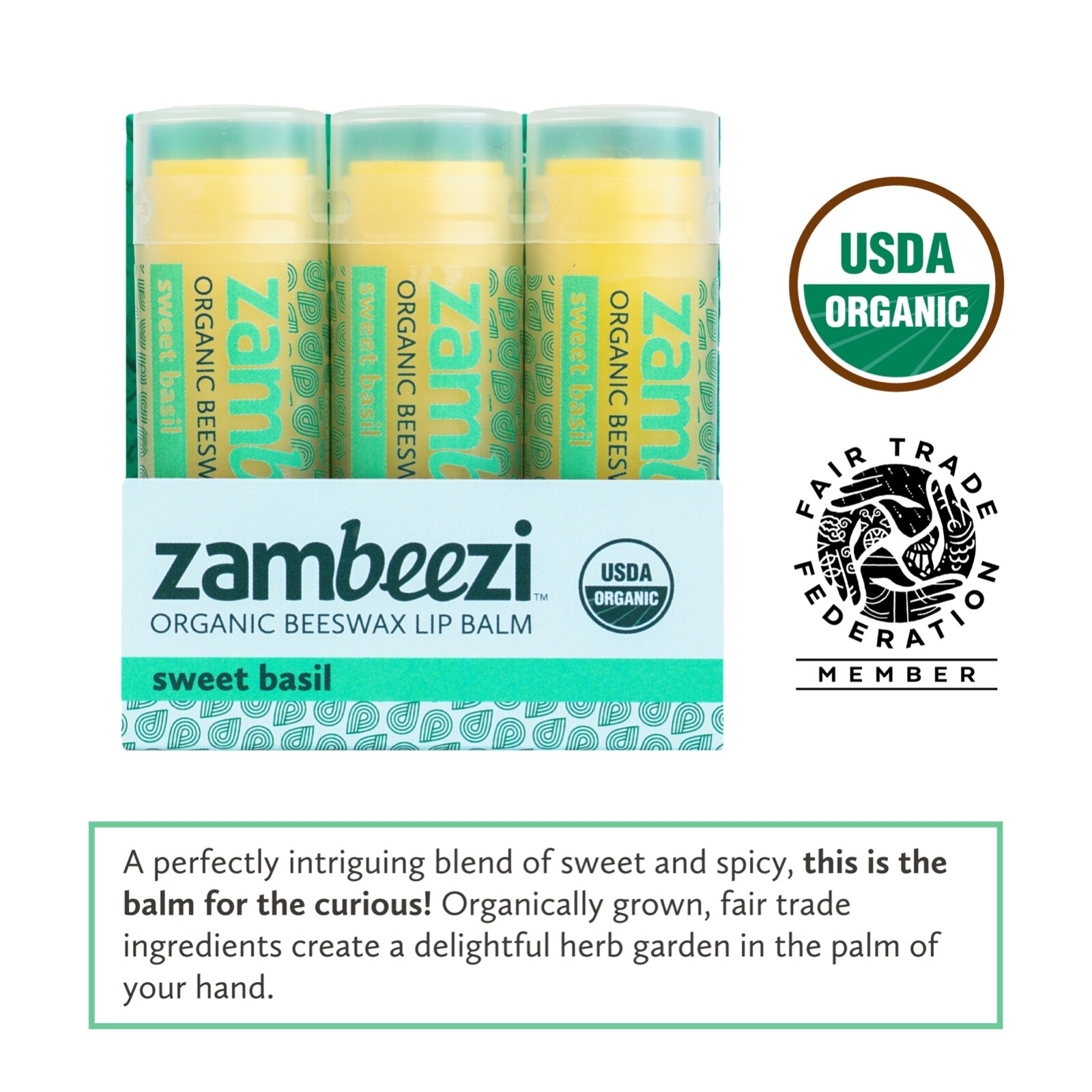 3 pack Zambeezi Organic Fairtrade Beeswax Lip Balm – Zambia, Africa Sweet Basil