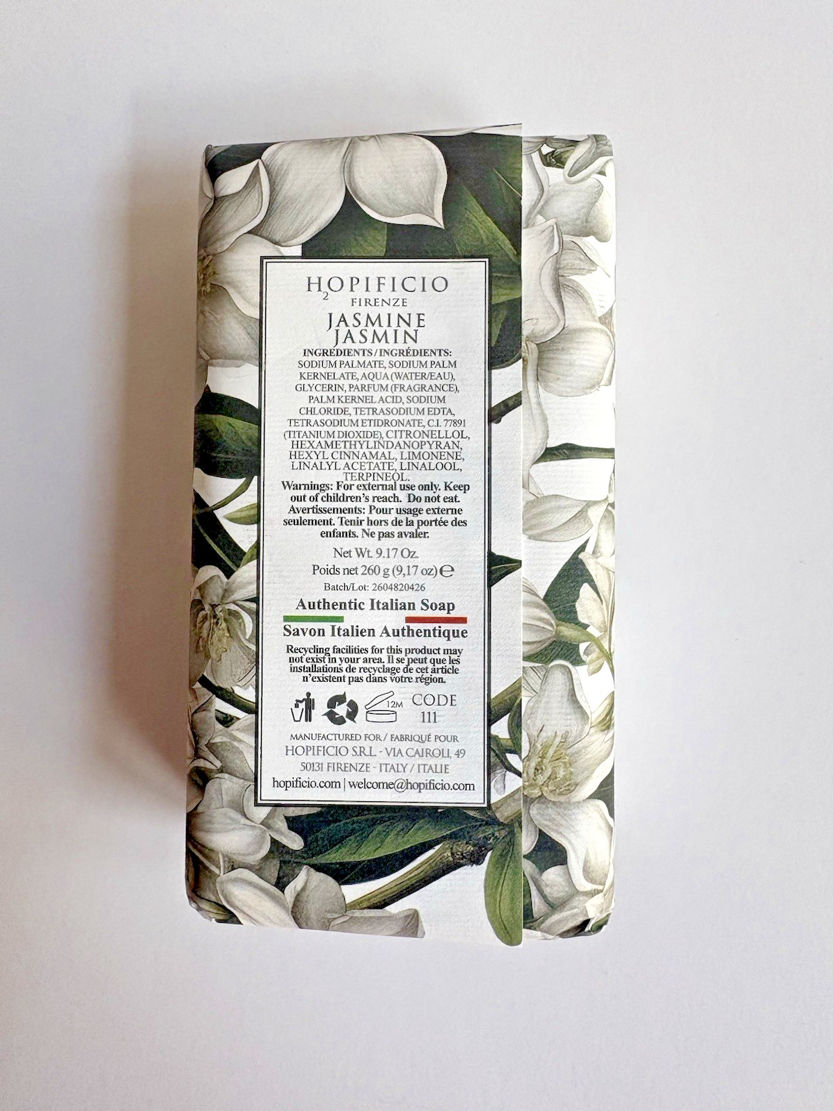 Hopificio Firenze Jasmine Luxury Bath Triple Milled Bar Soap Italy 9.17 oz New