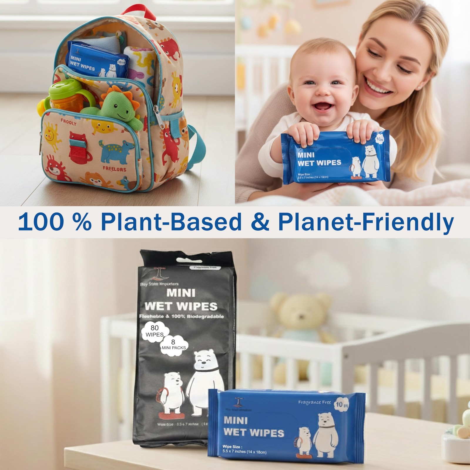 Compact Travel Flushable Wipes, 8 Pack, (80 Total Unscented Wet Wipes)