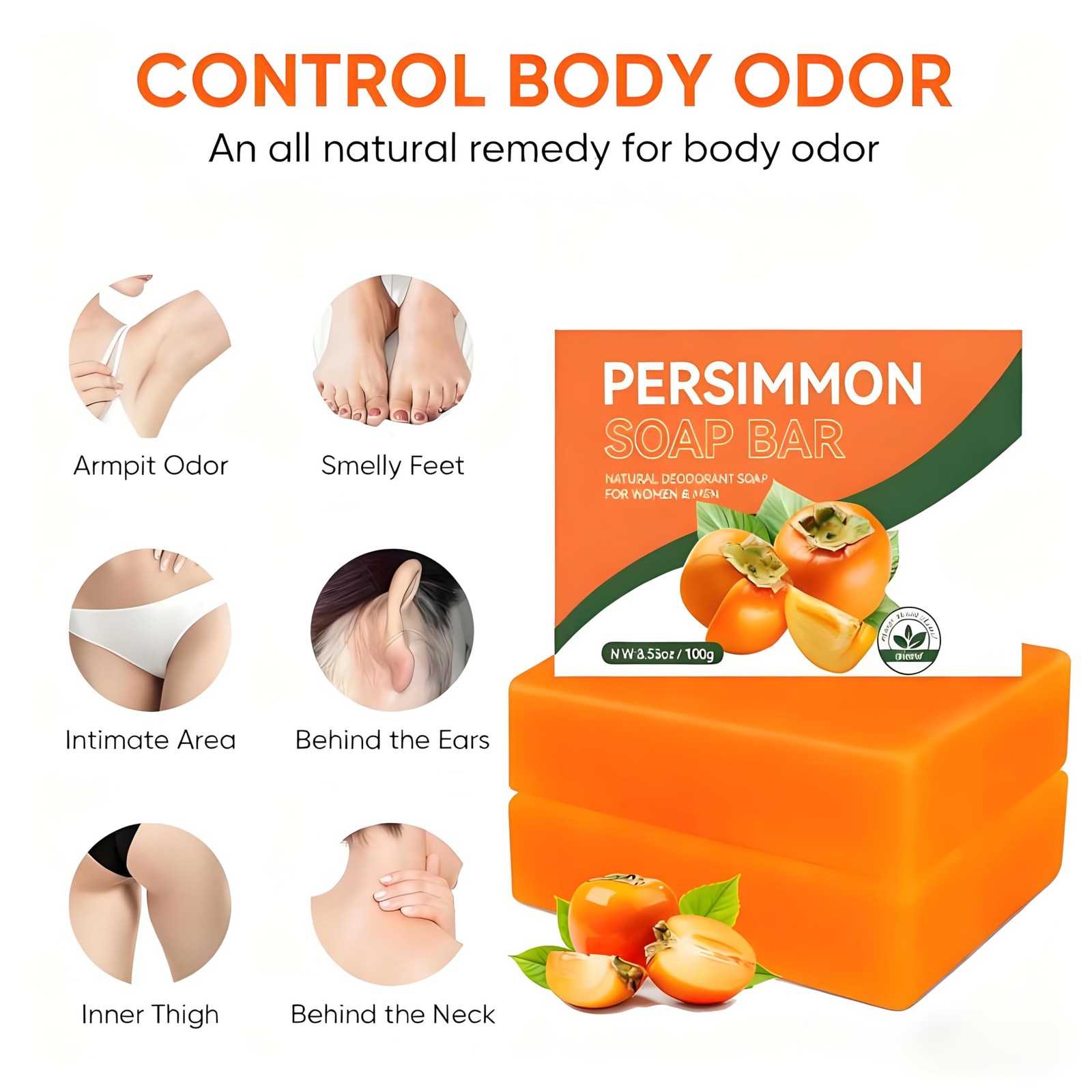 2 PCS Persimmon Soap Bar for Body Odor Control – Natural Organic Deodorant f…