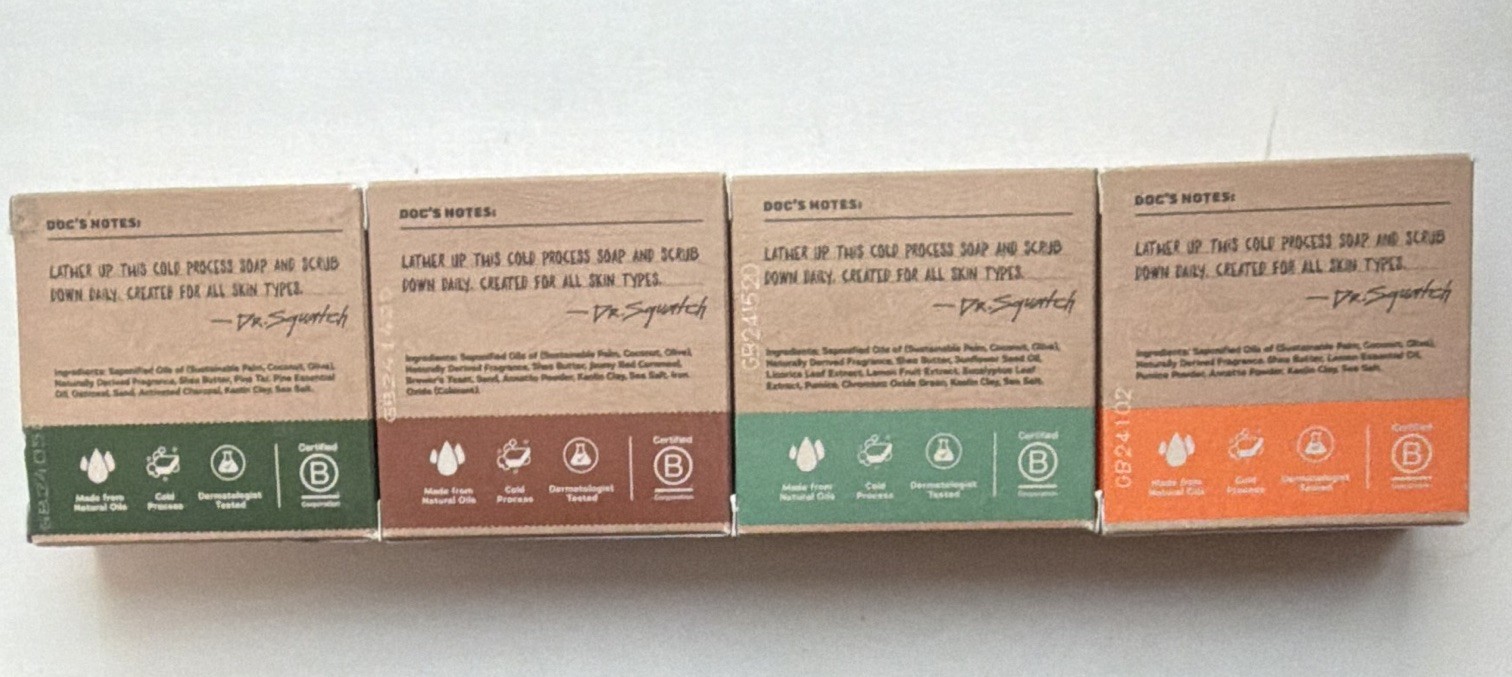 Dr. Squatch 4-Pack, Natural Soap; Pine Tar, WBB, Rainforest Rapids,Summer Citrus