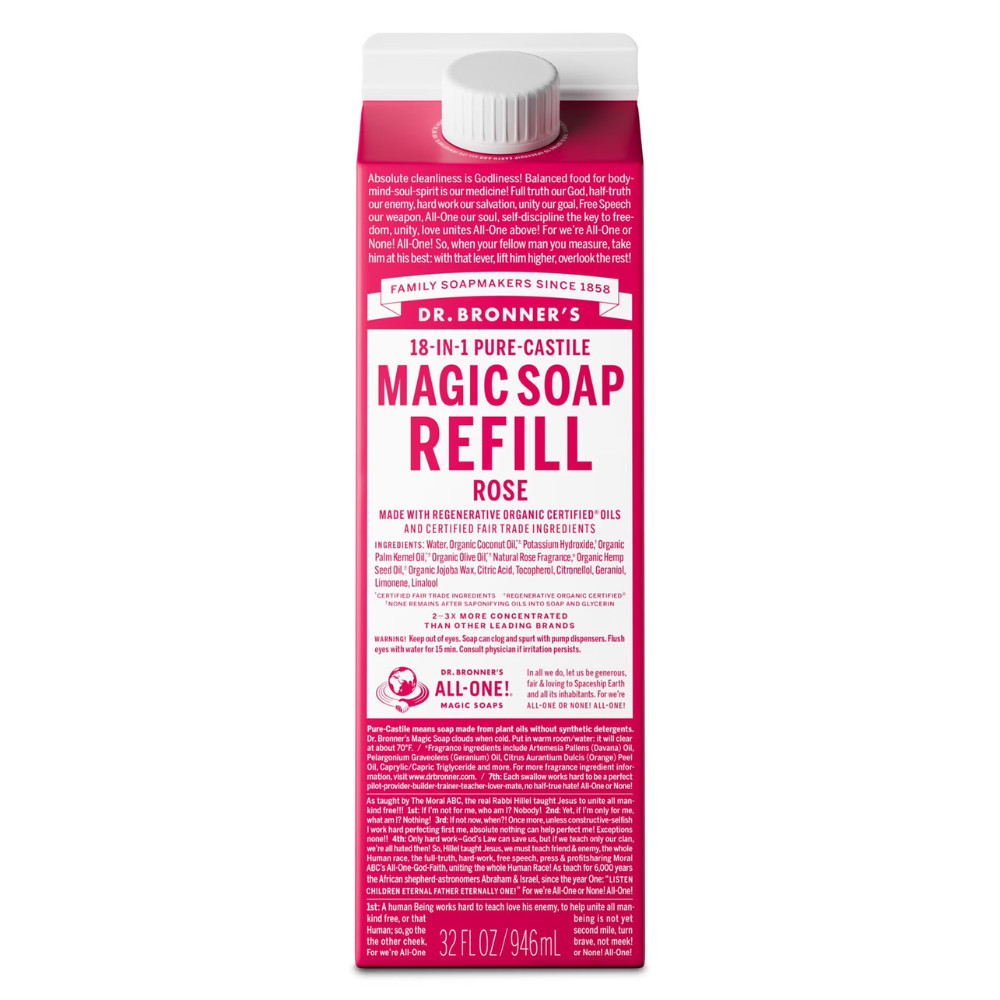 2PK Dr. Bronner’s Magic Soap Refill, Rose, Pure-Castile Liquid Soap Carton, 32oz