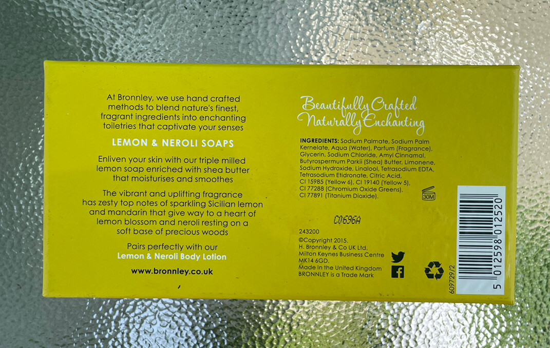 Bronnley New Citrus Lemon and Neroli Soap 3 x 100g (3.5oz.) Sealed Bags W/ Box