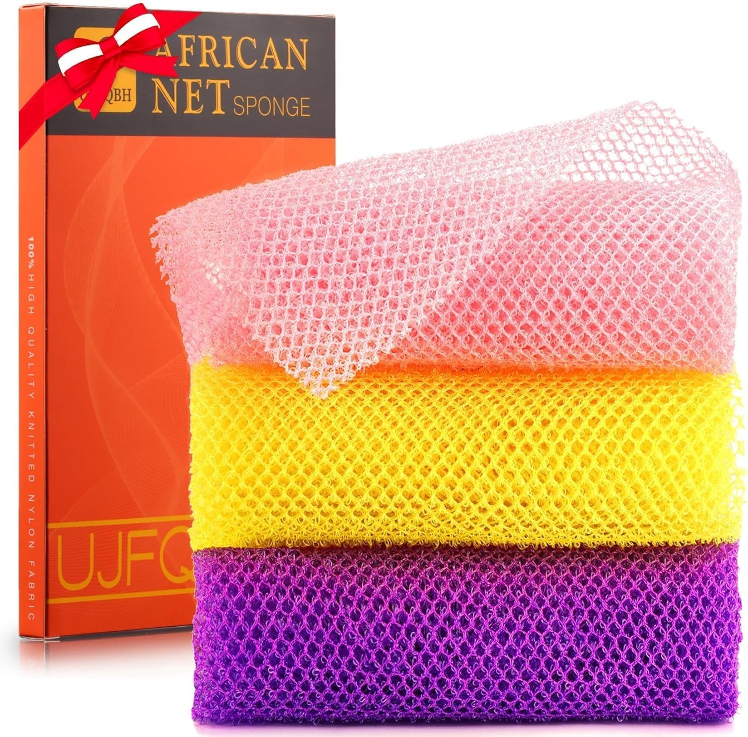 UJFQBH 3 Pieces African Bath Sponge Net Long Pink ,Yellow,purple