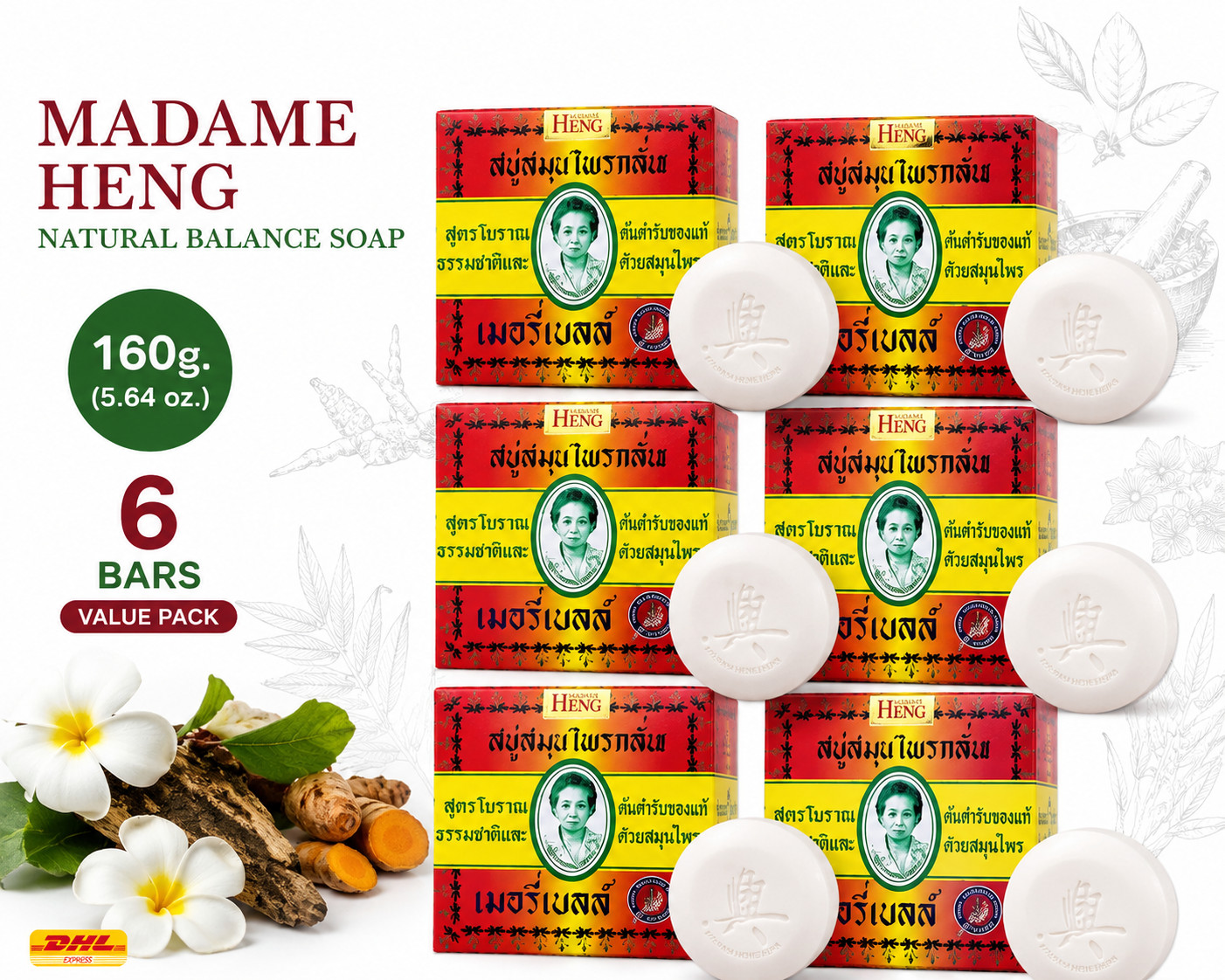 6x Madame Heng Face & Body Soap 160g. Original Herbal Premium Merry Bell Soap