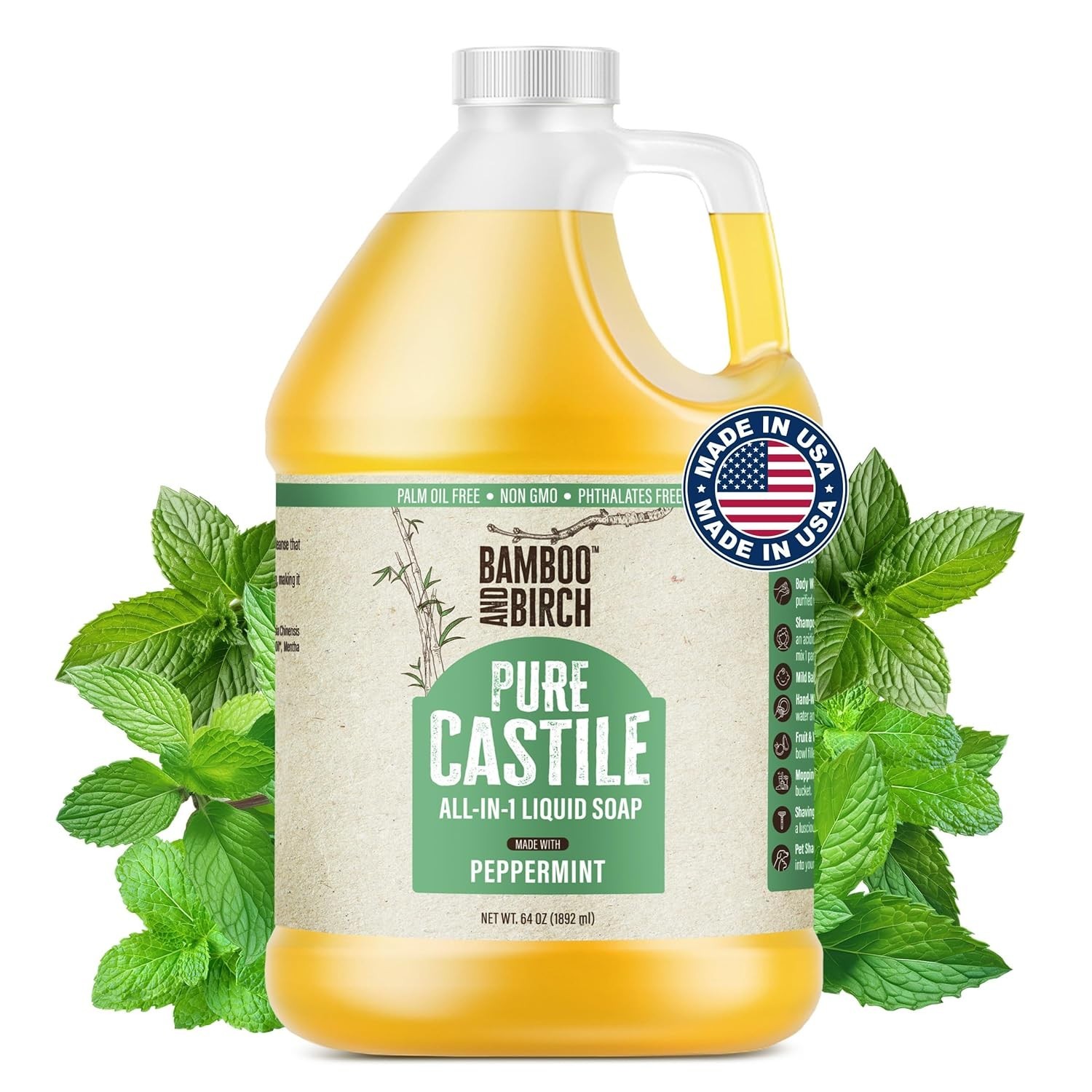 Palm Oil Free Peppermint Pure Castile Liquid Soap – 64 oz for Luxurious Cleaning
